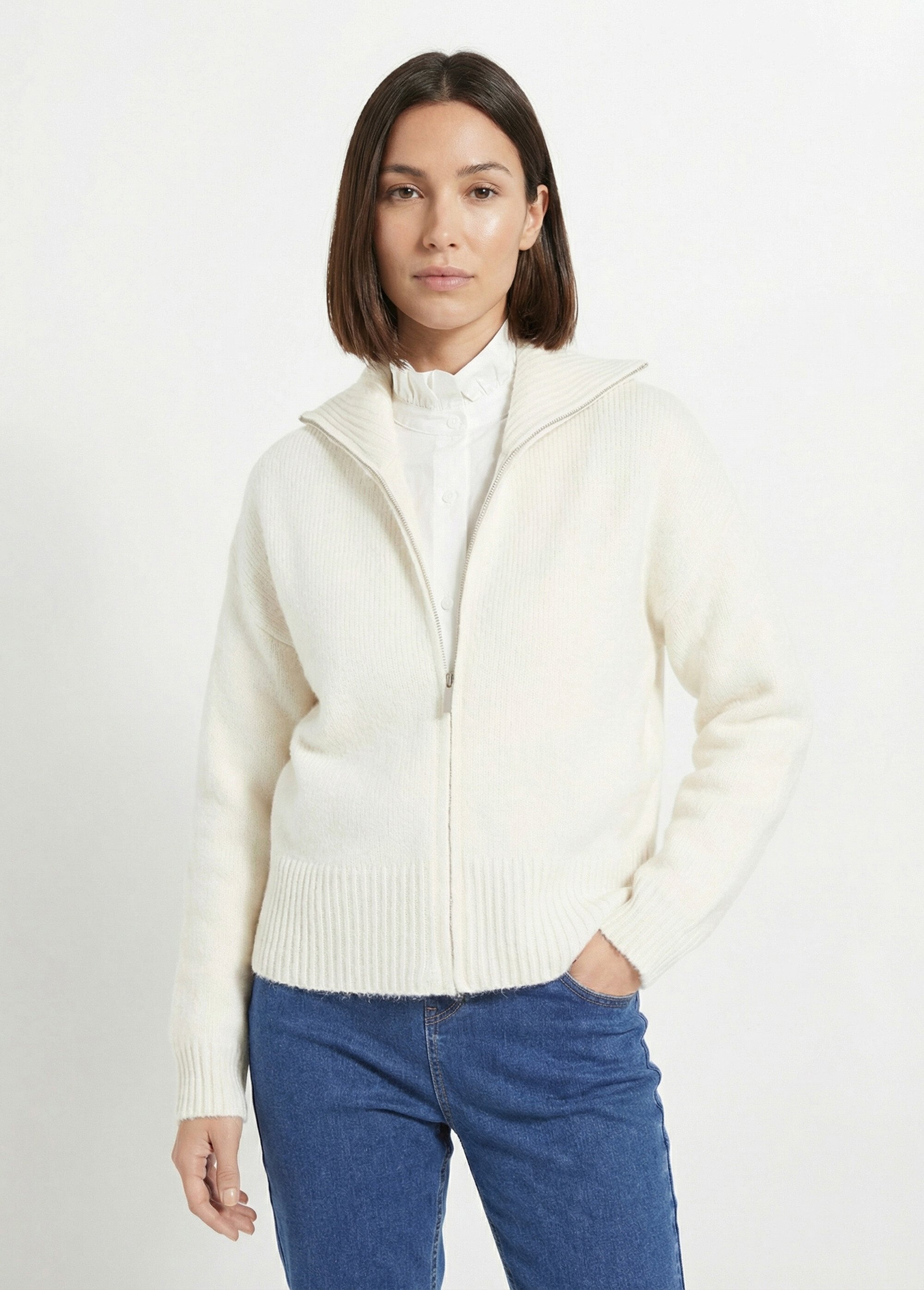 Pull zippé en maille avec col montant Femme Beige IA-AR807 FA1