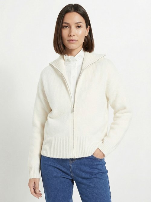 Pull zippé en maille avec col montant Femme Beige IA-AR807 FA1