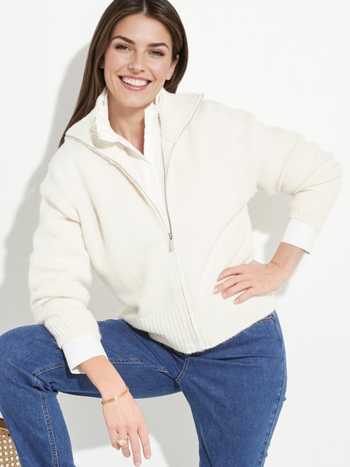 Pull zippé en maille avec col montant Femme Beige IA-AR807 MV1