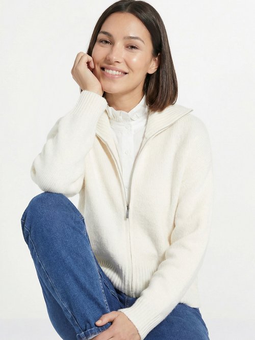 Pull zippé en maille avec col montant Femme Beige IA-AR807 MV1