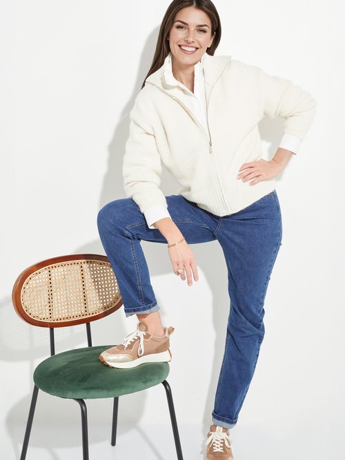 Pull zippé en maille avec col montant Femme Beige IA-AR807 SI1