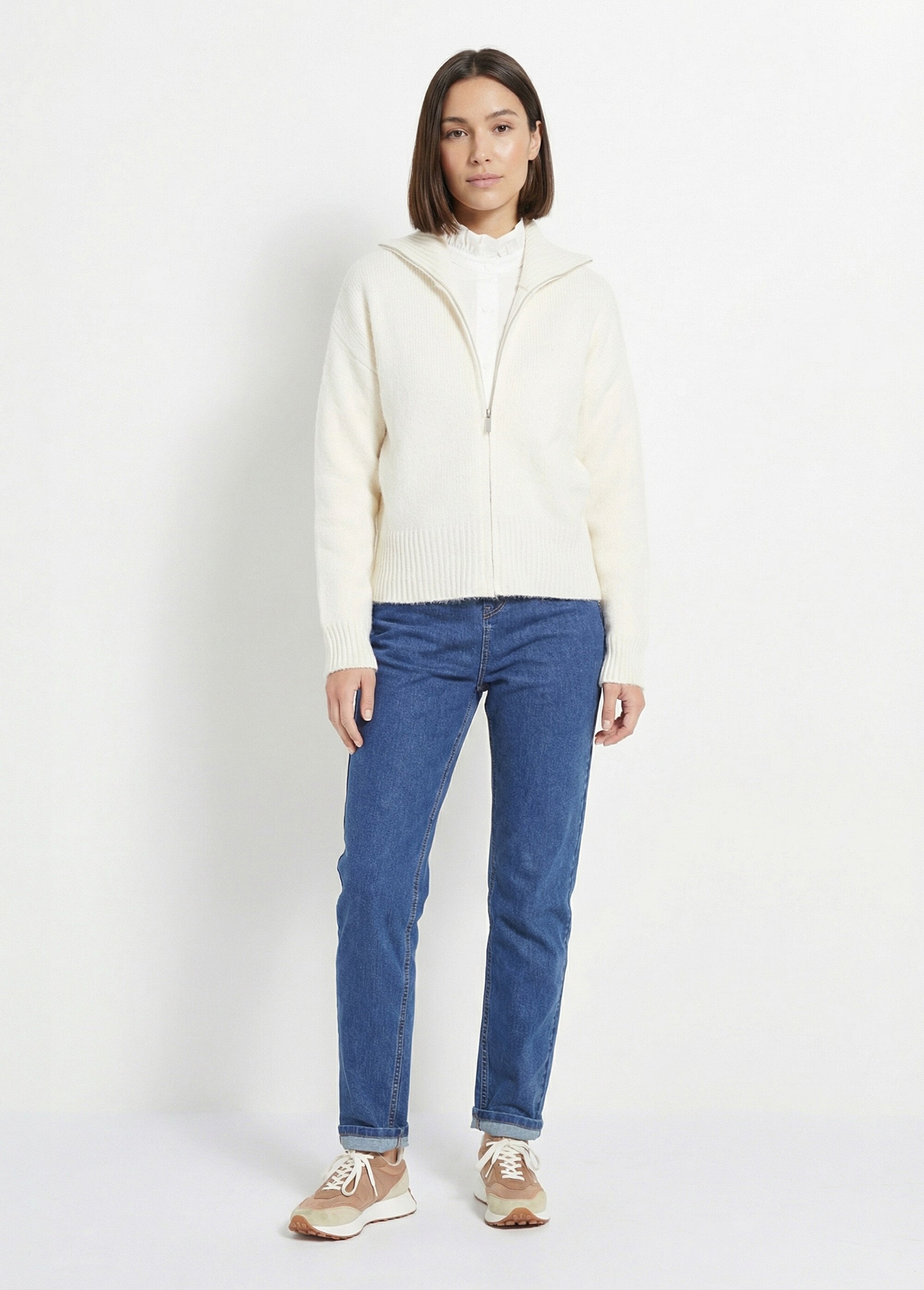 Pull zippé en maille avec col montant Femme Beige IA-AR807 SI1