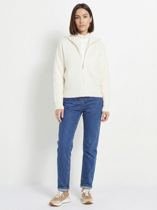 Pull zippé en maille avec col montant Femme Beige IA-AR807 SI1