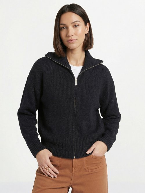 Pull zippé en maille avec col montant Femme Noir IA-AR807 FA1