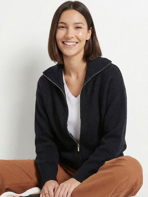 Pull zippé en maille avec col montant Femme Noir IA-AR807 MV1