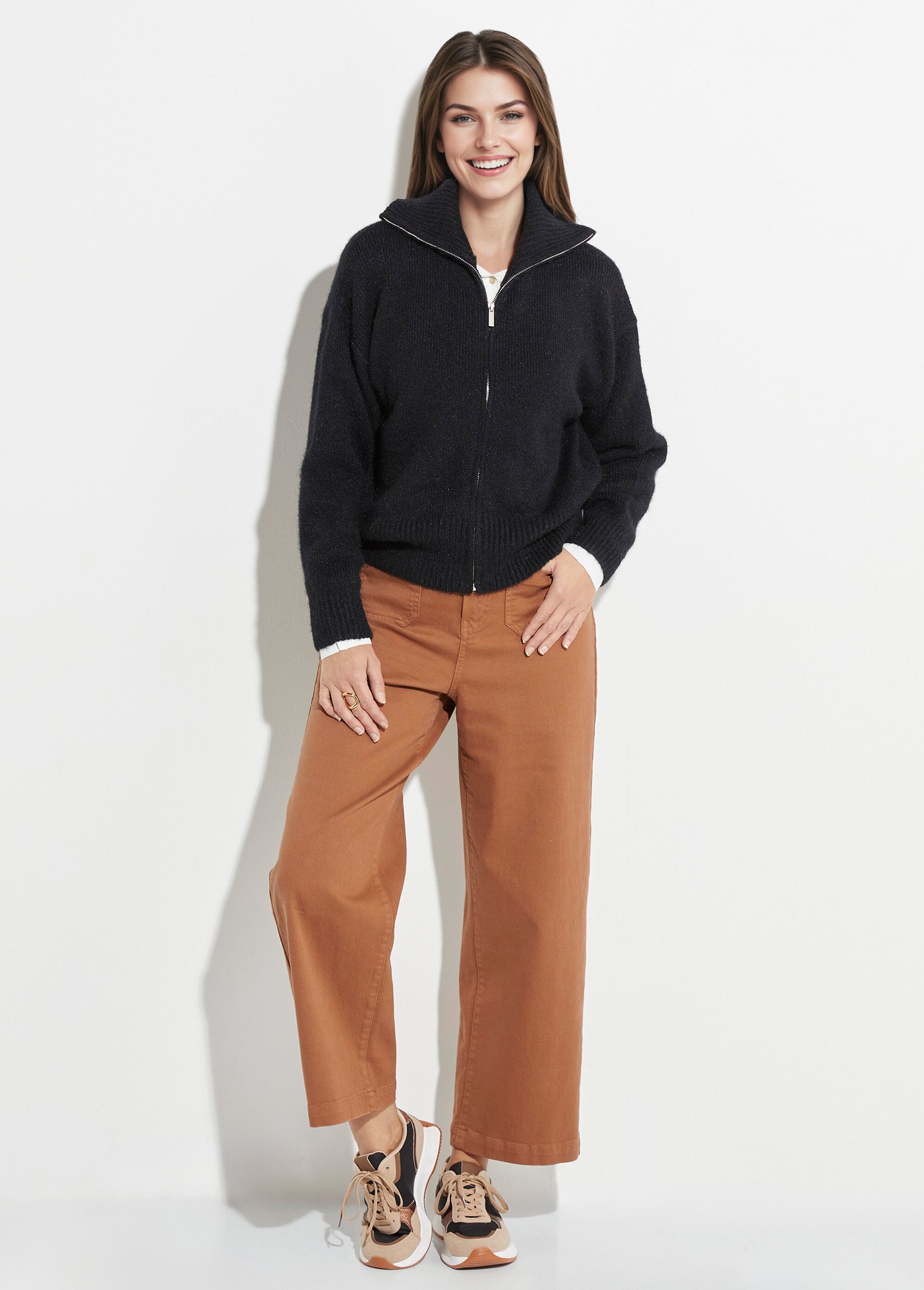 Pull zippé en maille avec col montant Femme Noir IA-AR807 SF1