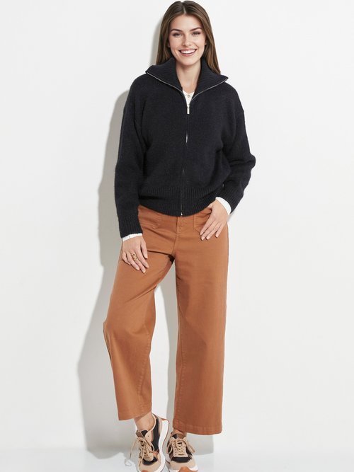 Pull zippé en maille avec col montant Femme Noir IA-AR807 SF1