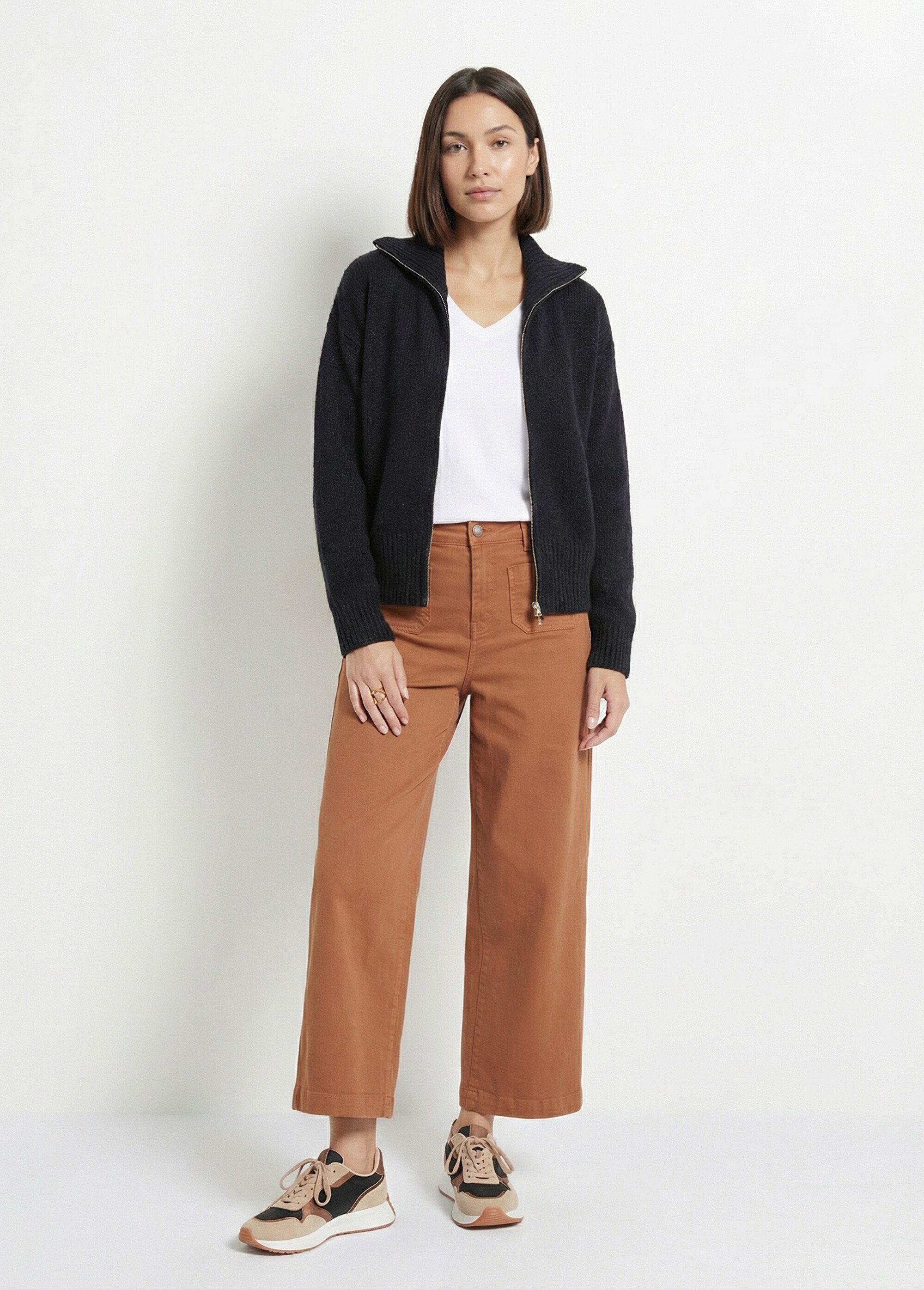 Pull zippé en maille avec col montant Femme Noir IA-AR807 SI1