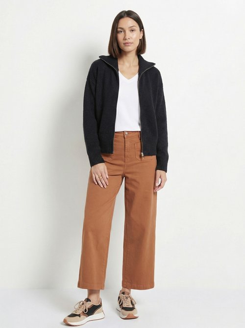 Pull zippé en maille avec col montant Femme Noir IA-AR807 SI1