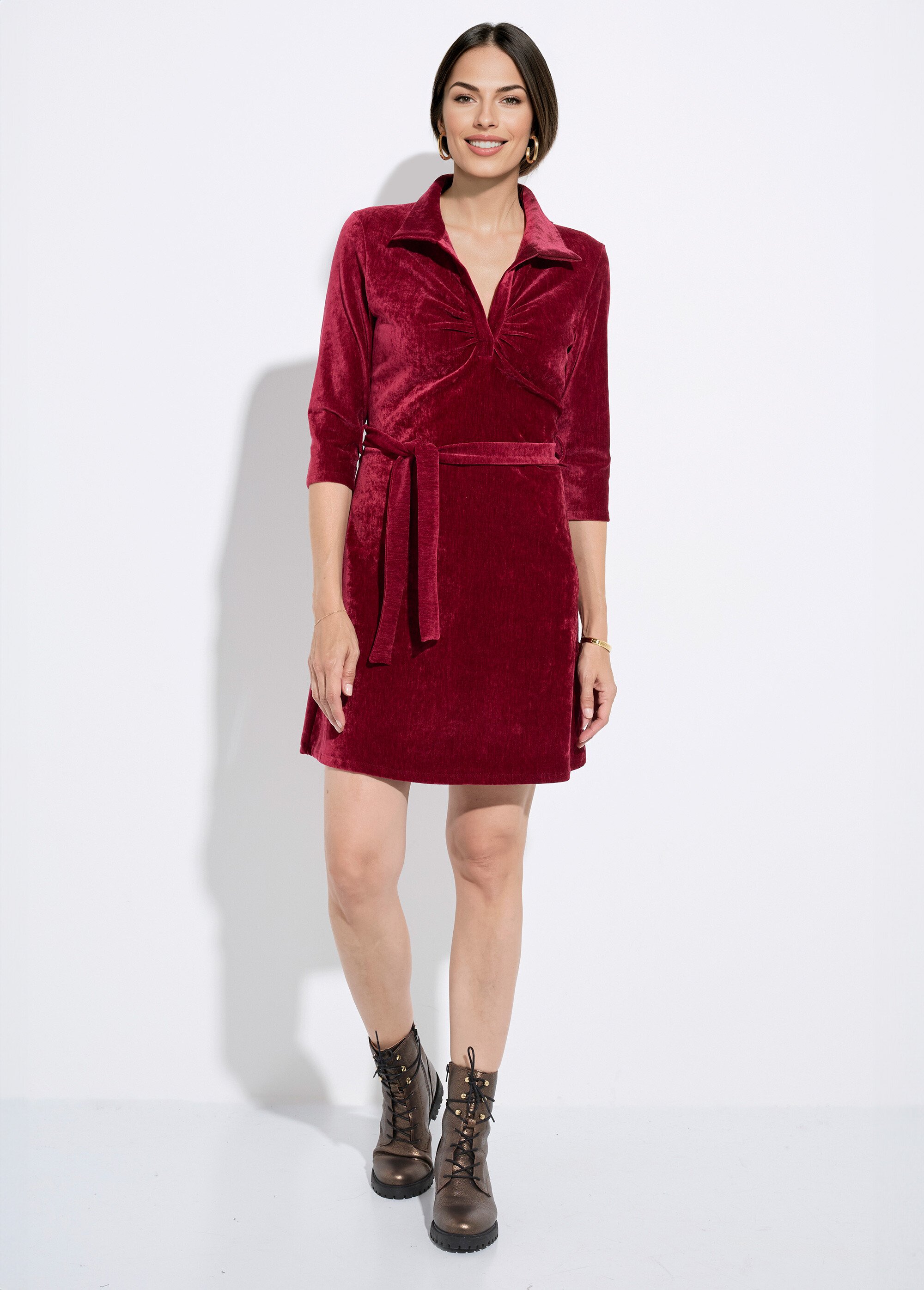 Robe col V à ceinturer en velours ras Femme Rouge FI-XENONVEL FA1