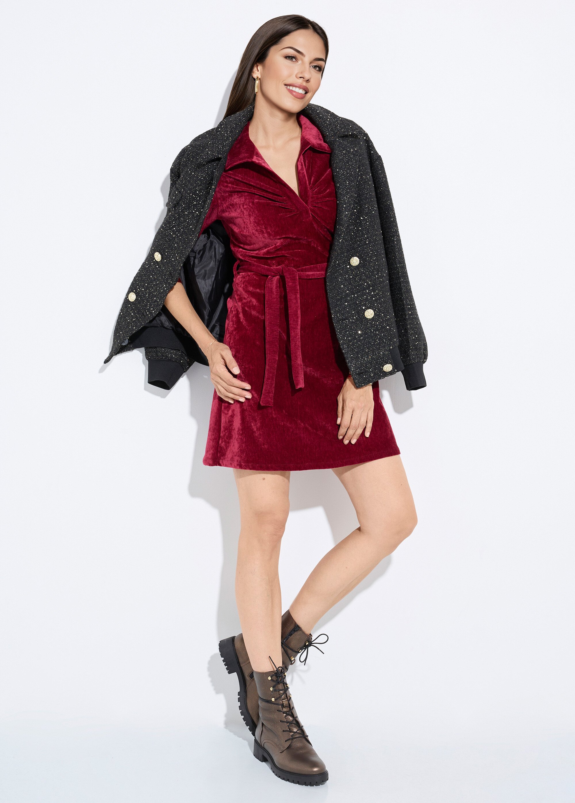 Robe col V à ceinturer en velours ras Femme Rouge FI-XENONVEL MV1