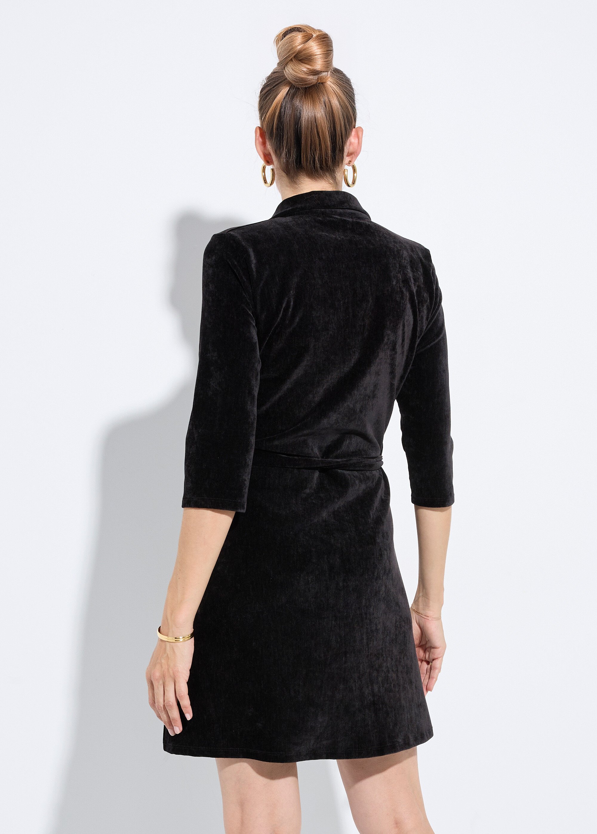 Robe col V à ceinturer en velours ras Femme Noir FI-XENONVEL DO1
