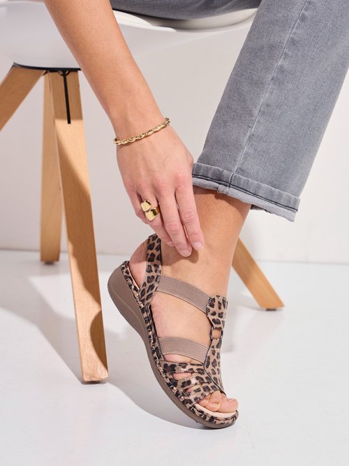 Sandales compensées élastiquées imprimé léopard Femme Beige OBLADE SI1