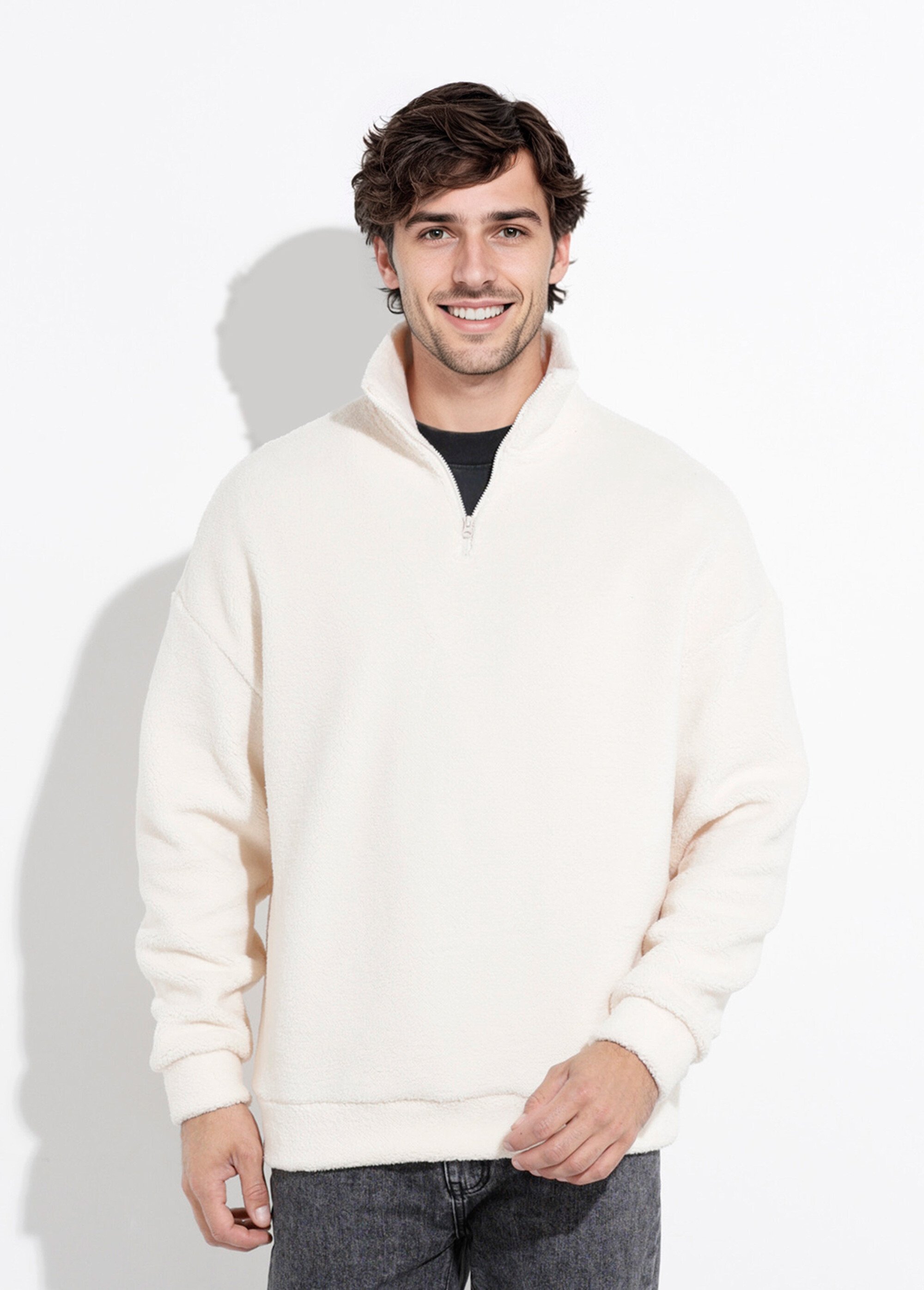 Sweat chaud en polaire col montant zippé Homme Beige FRI89925DZ FA1