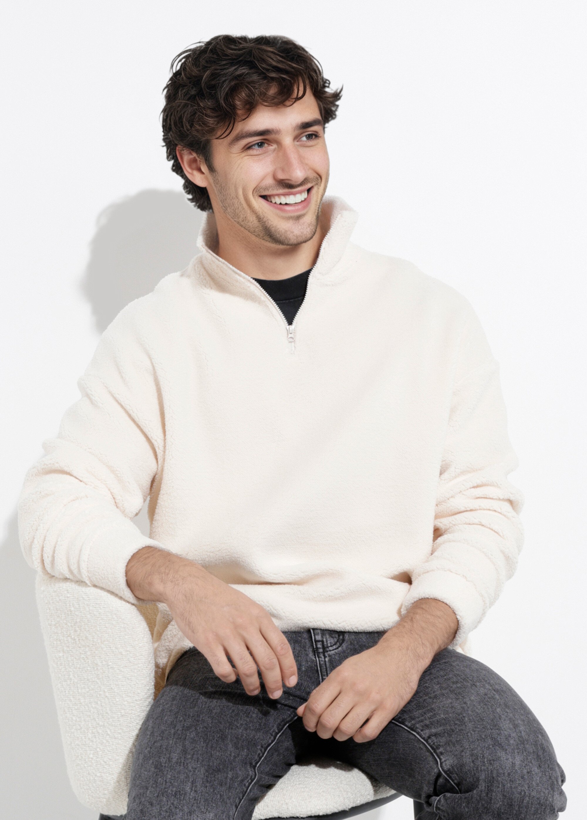 Sweat chaud en polaire col montant zippé Homme Beige FRI89925DZ MV1