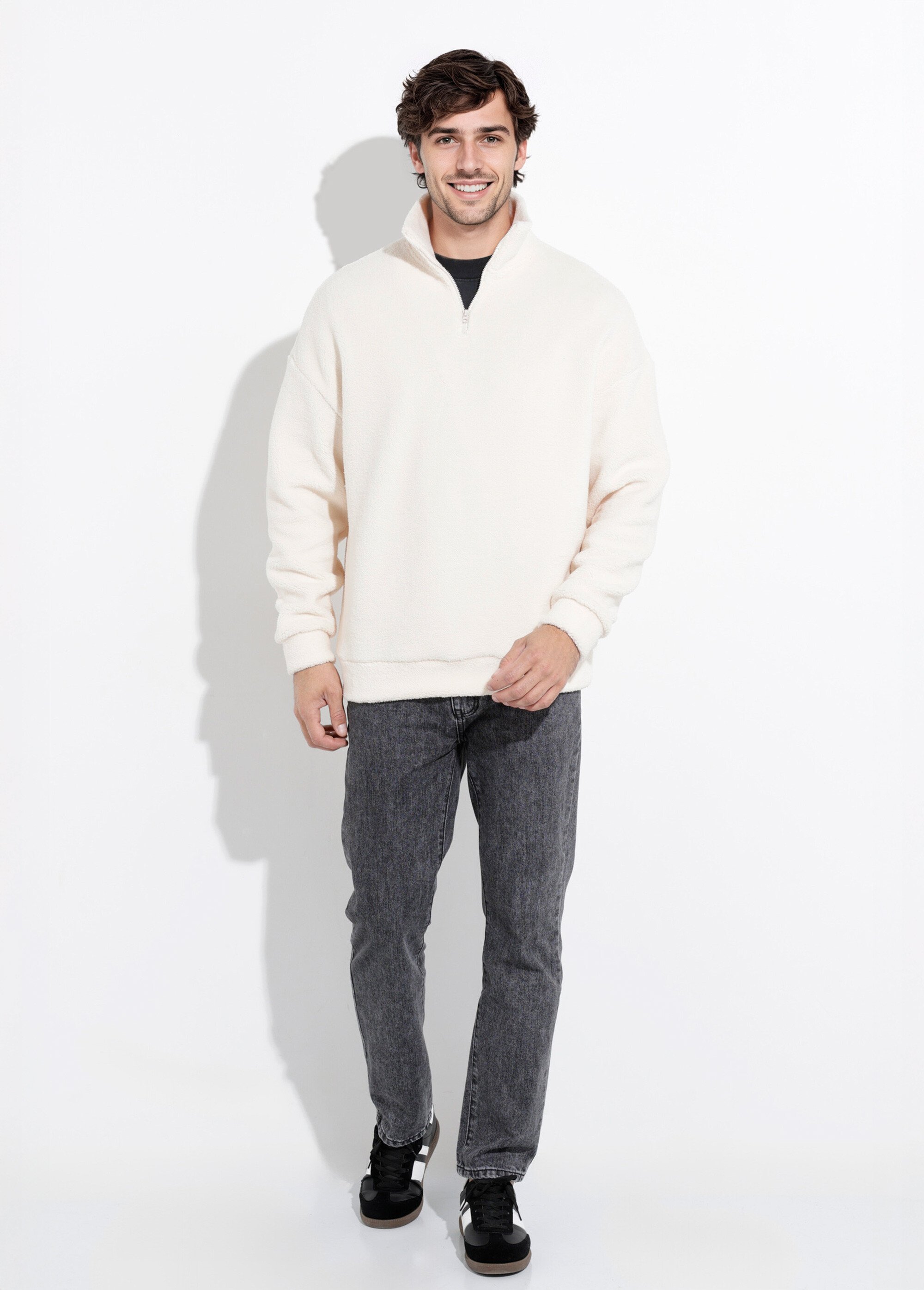 Sweat chaud en polaire col montant zippé Homme Beige FRI89925DZ SF1