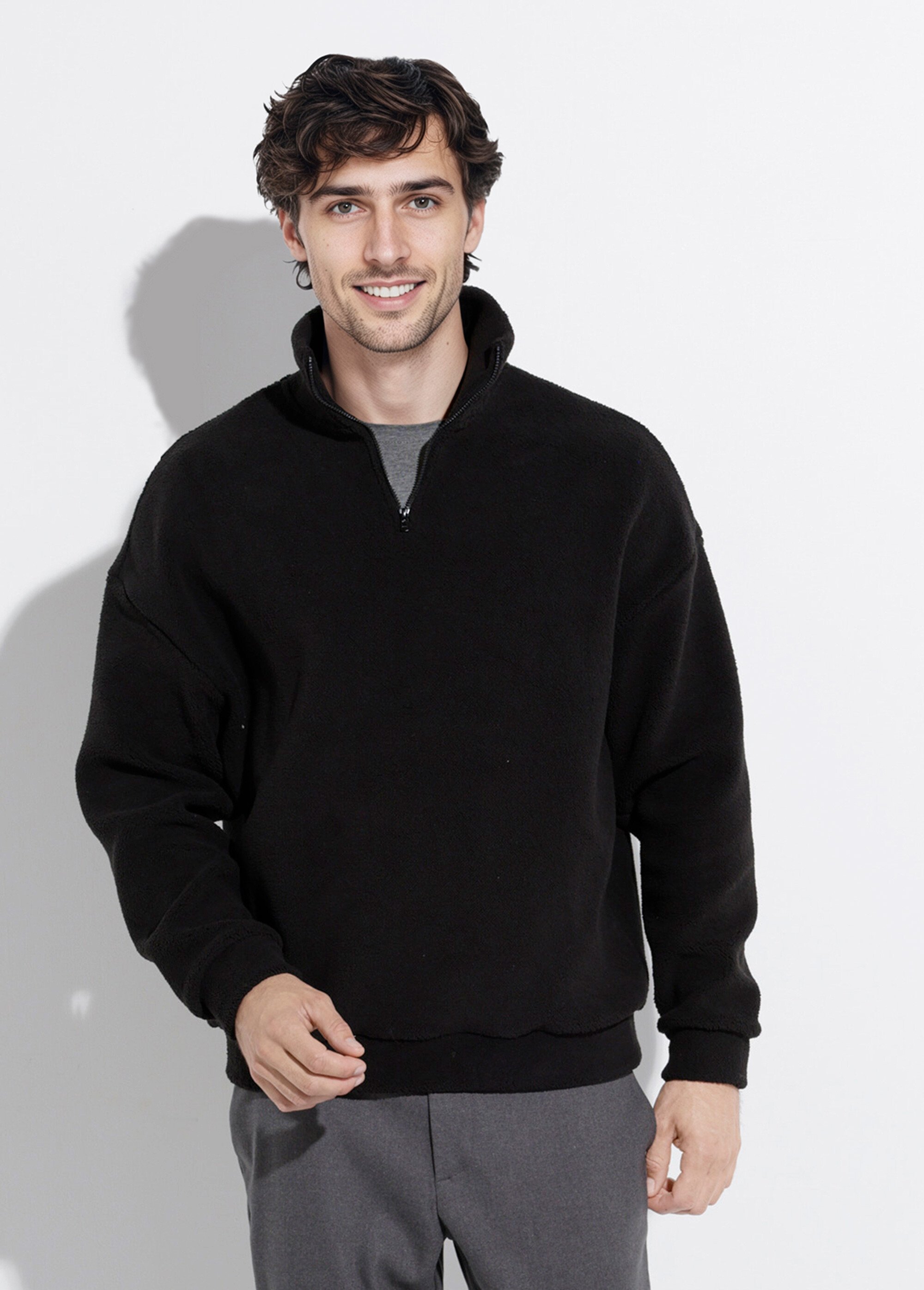 Sweat chaud en polaire col montant zippé Homme Noir FRI89925DZ FA1