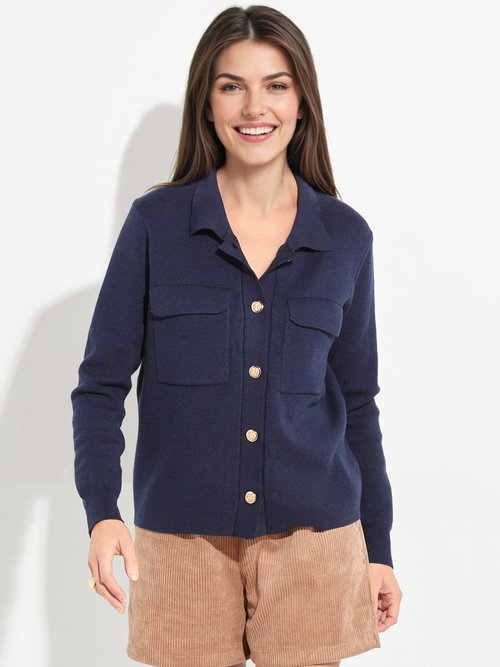 Veste maille jacquard et boutons métal Femme Bleu IA-AR304 FA1