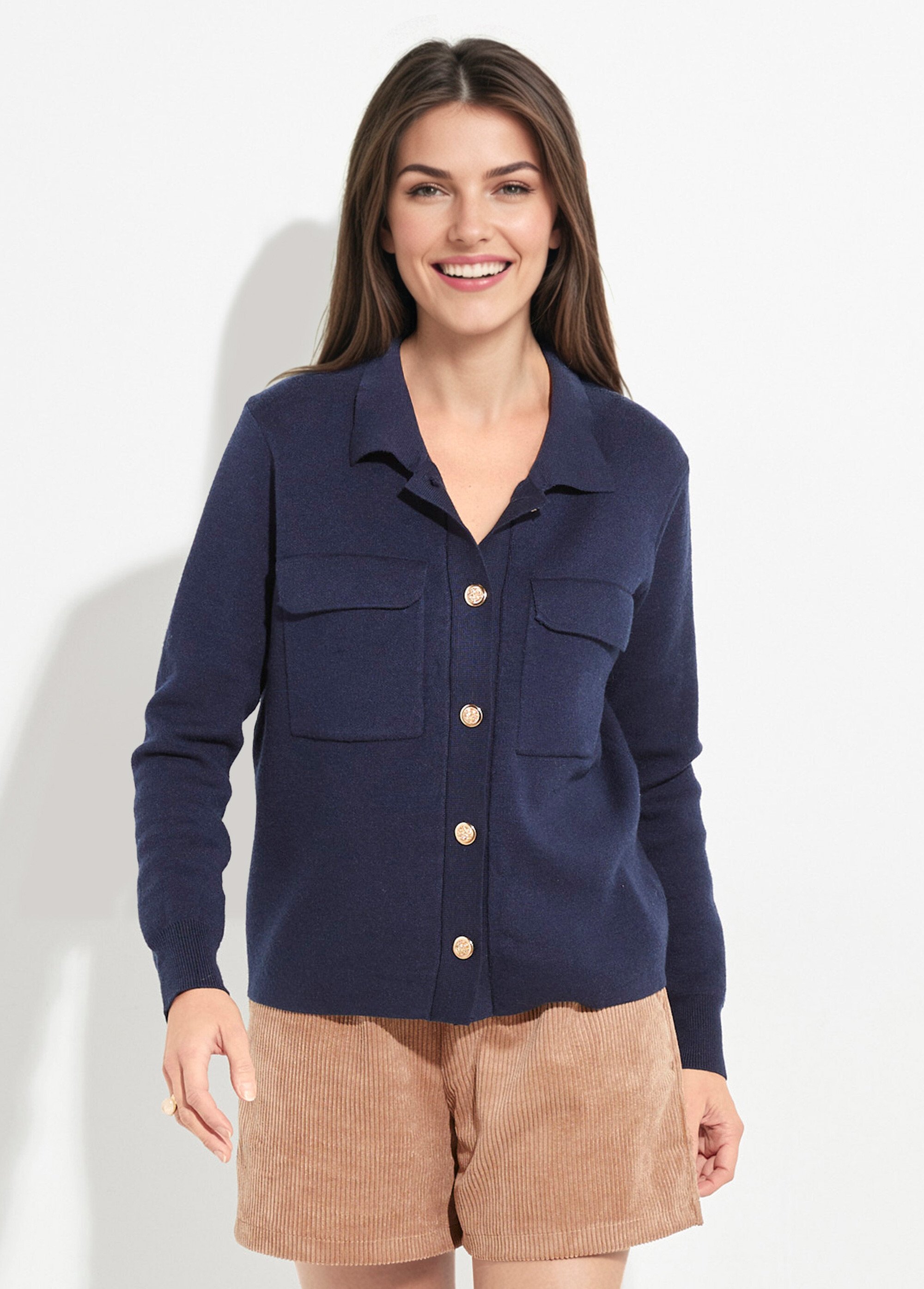 Veste maille jacquard et boutons métal Femme Bleu IA-AR304 FA1