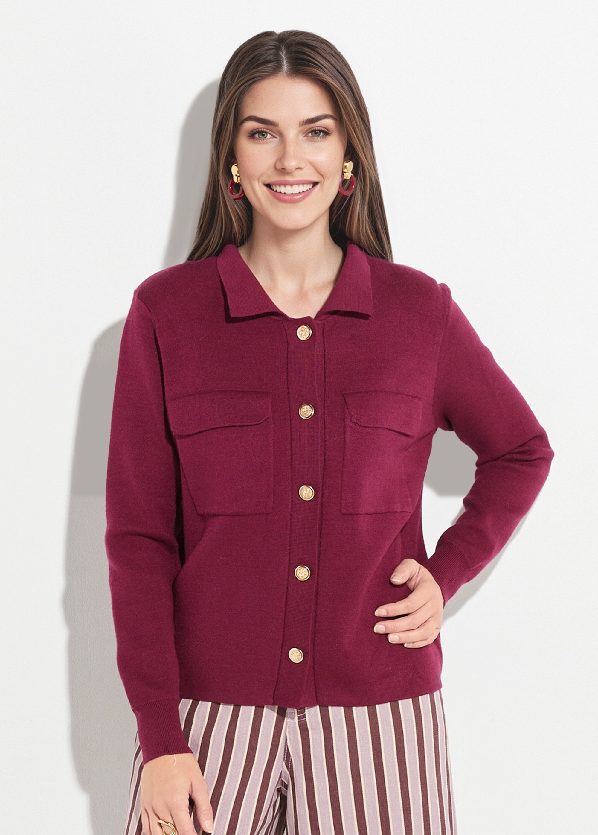 Veste maille jacquard et boutons métal Femme Rouge IA-AR304 FA1