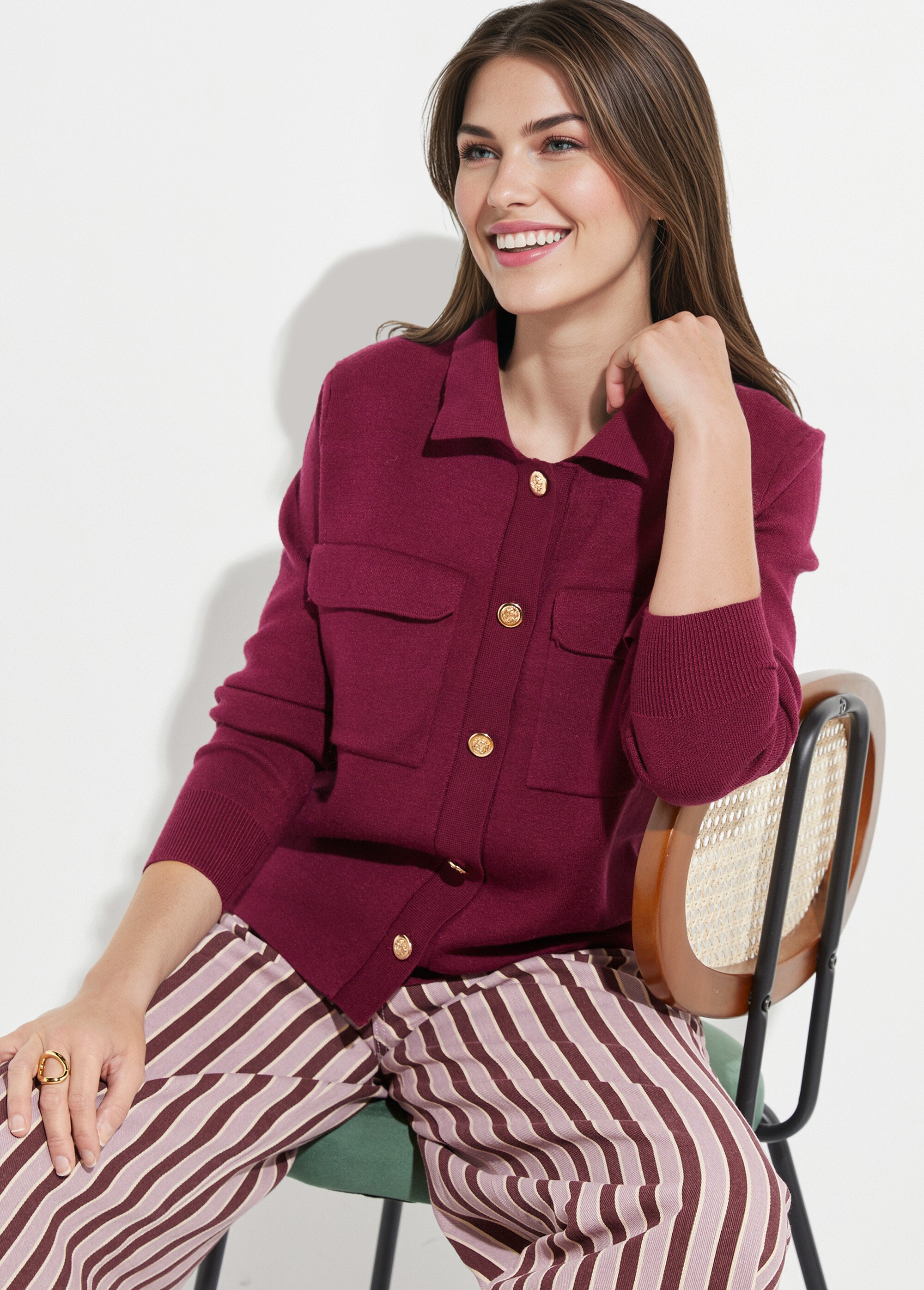 Veste maille jacquard et boutons métal Femme Rouge IA-AR304 MV1