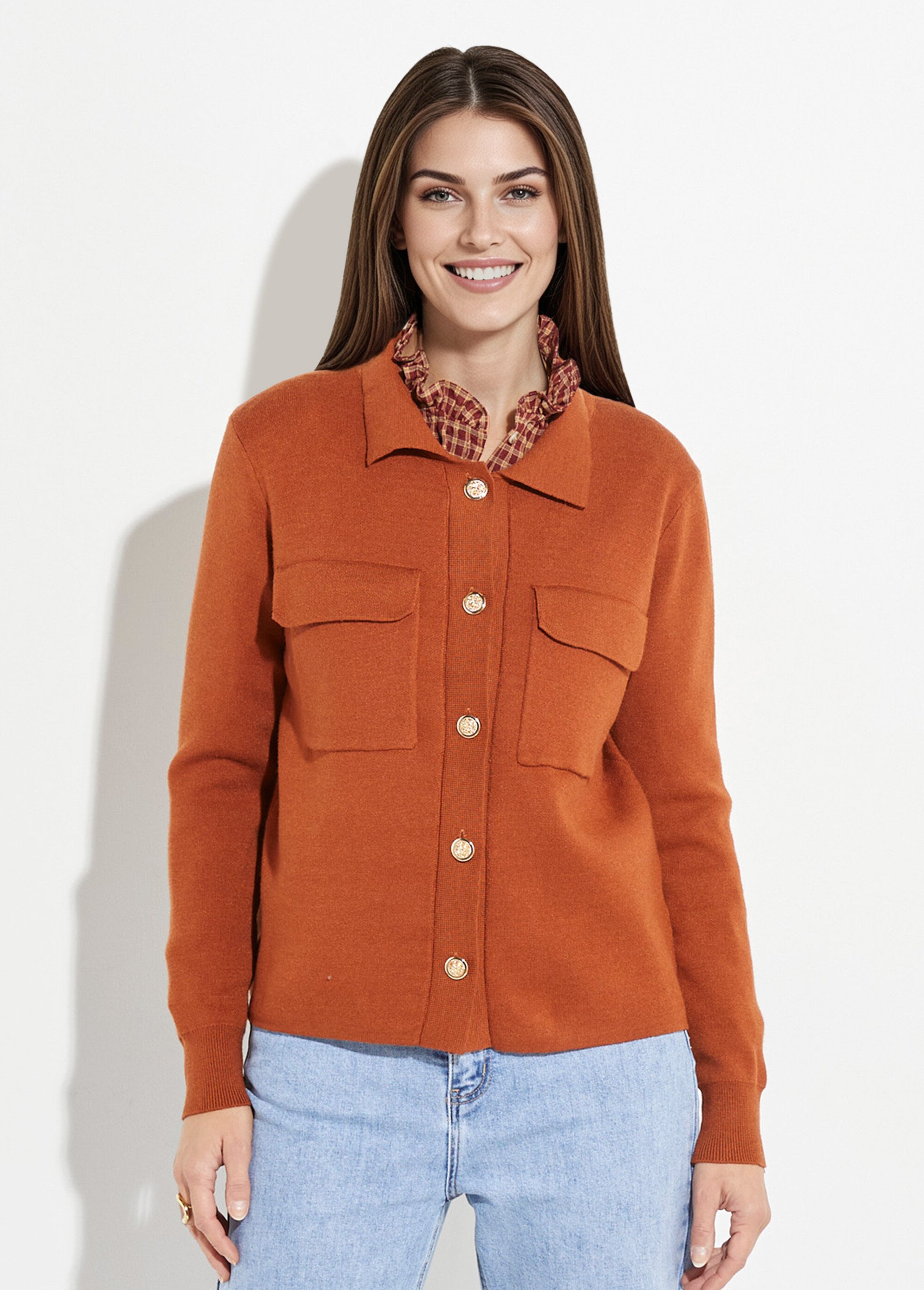 Veste maille jacquard et boutons métal Femme Rouge IA-AR304 FA1