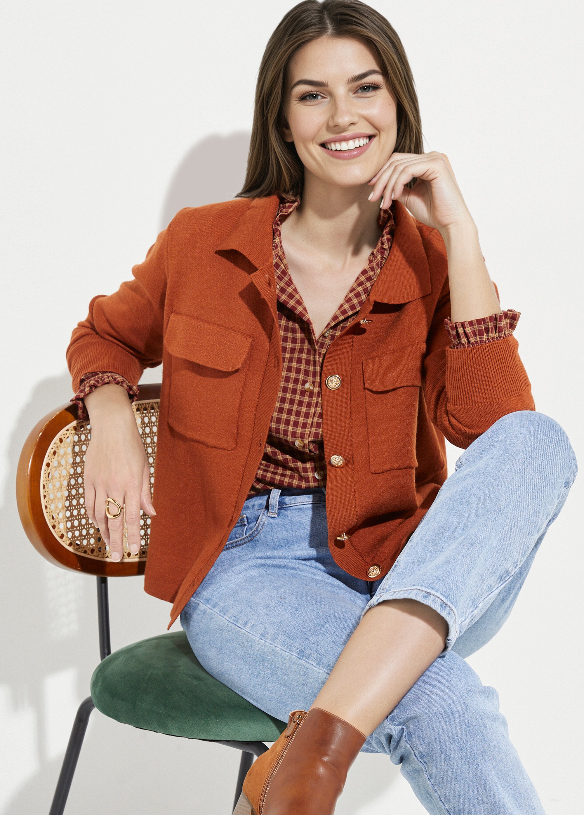 Veste maille jacquard et boutons métal