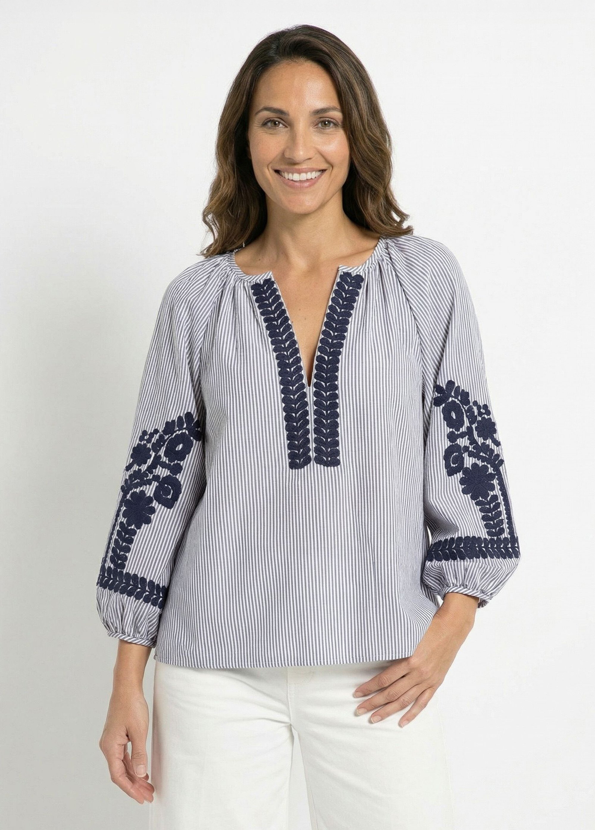 Blouse rayée avec broderies feuillages Femme Bleu JSM-TOP3333 FA1