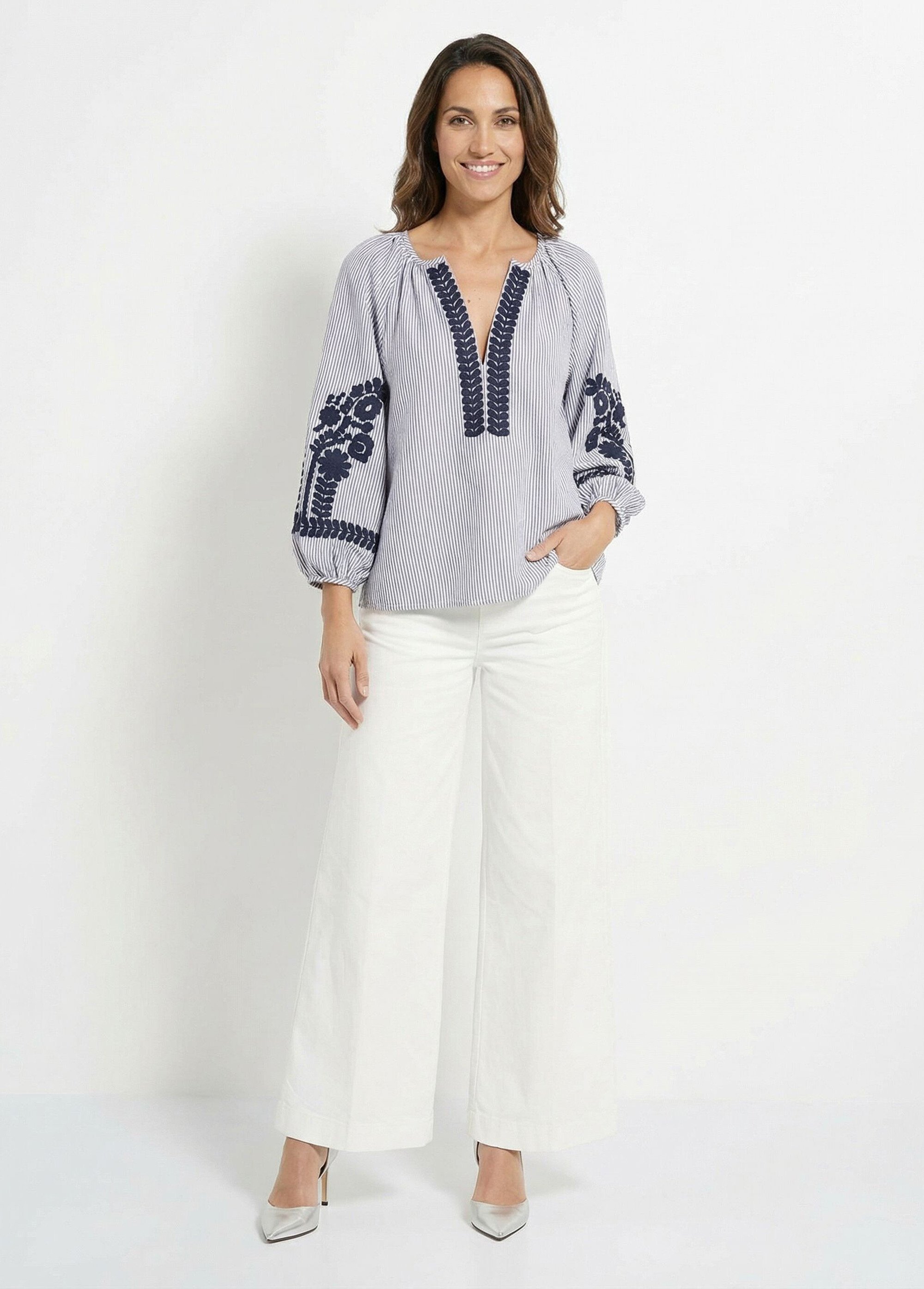 Blouse rayée avec broderies feuillages Femme Bleu JSM-TOP3333 SF1