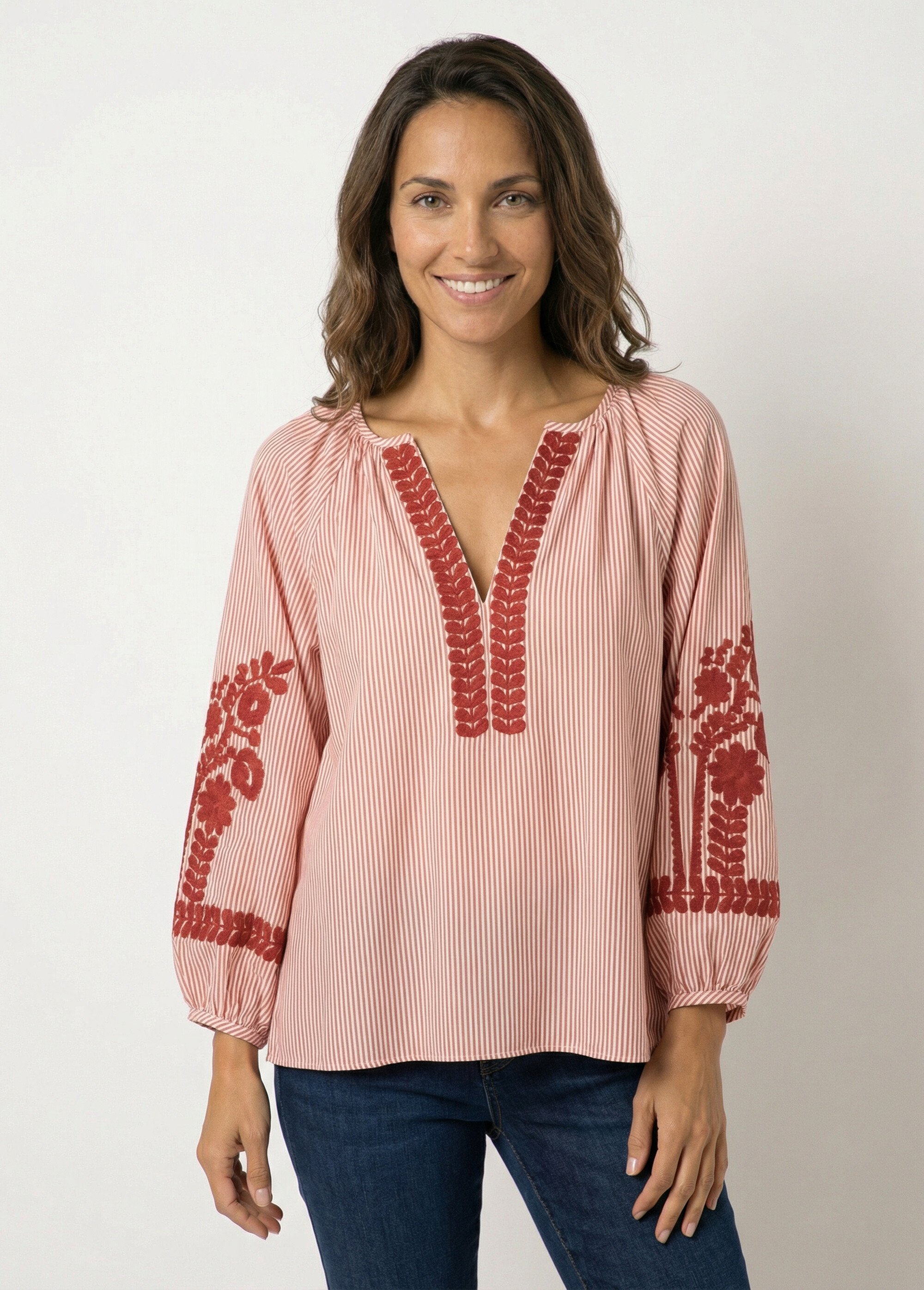 Blouse rayée avec broderies feuillages Femme Rouge JSM-TOP3333 FA1