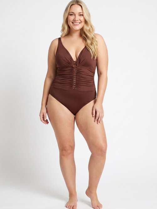 Maillot de bain 1 pièce détails lacés Femme Grande Taille Marron SUN-PW1A5512 SI1