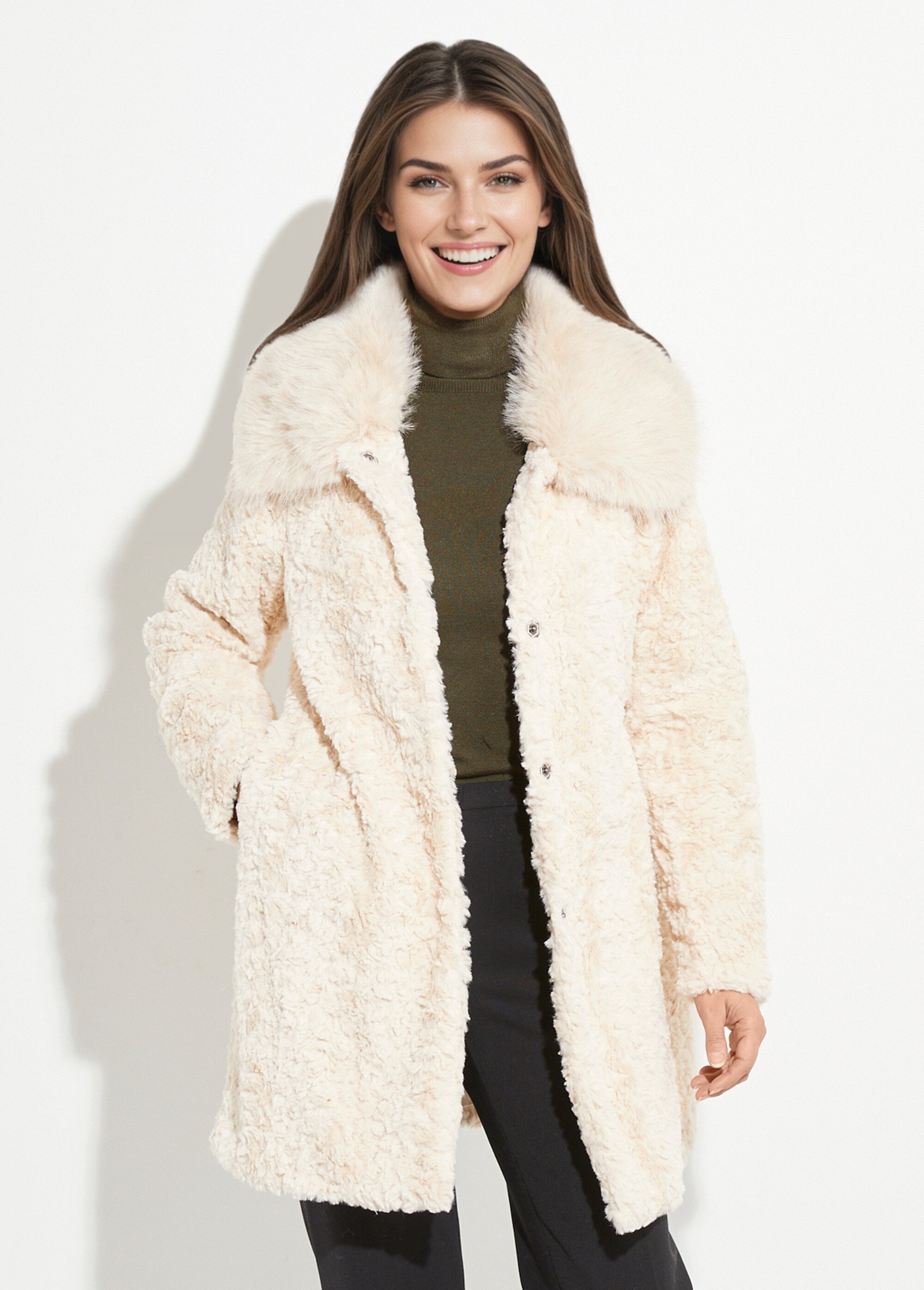 Manteau long chic en fausse fourrure Femme Beige LJ-23062 FA1