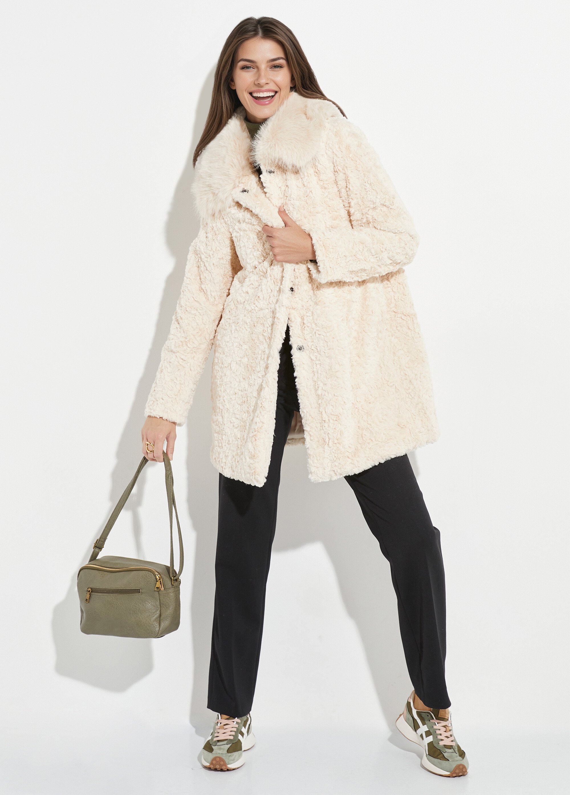 Manteau long chic en fausse fourrure Femme Beige LJ-23062 SI1