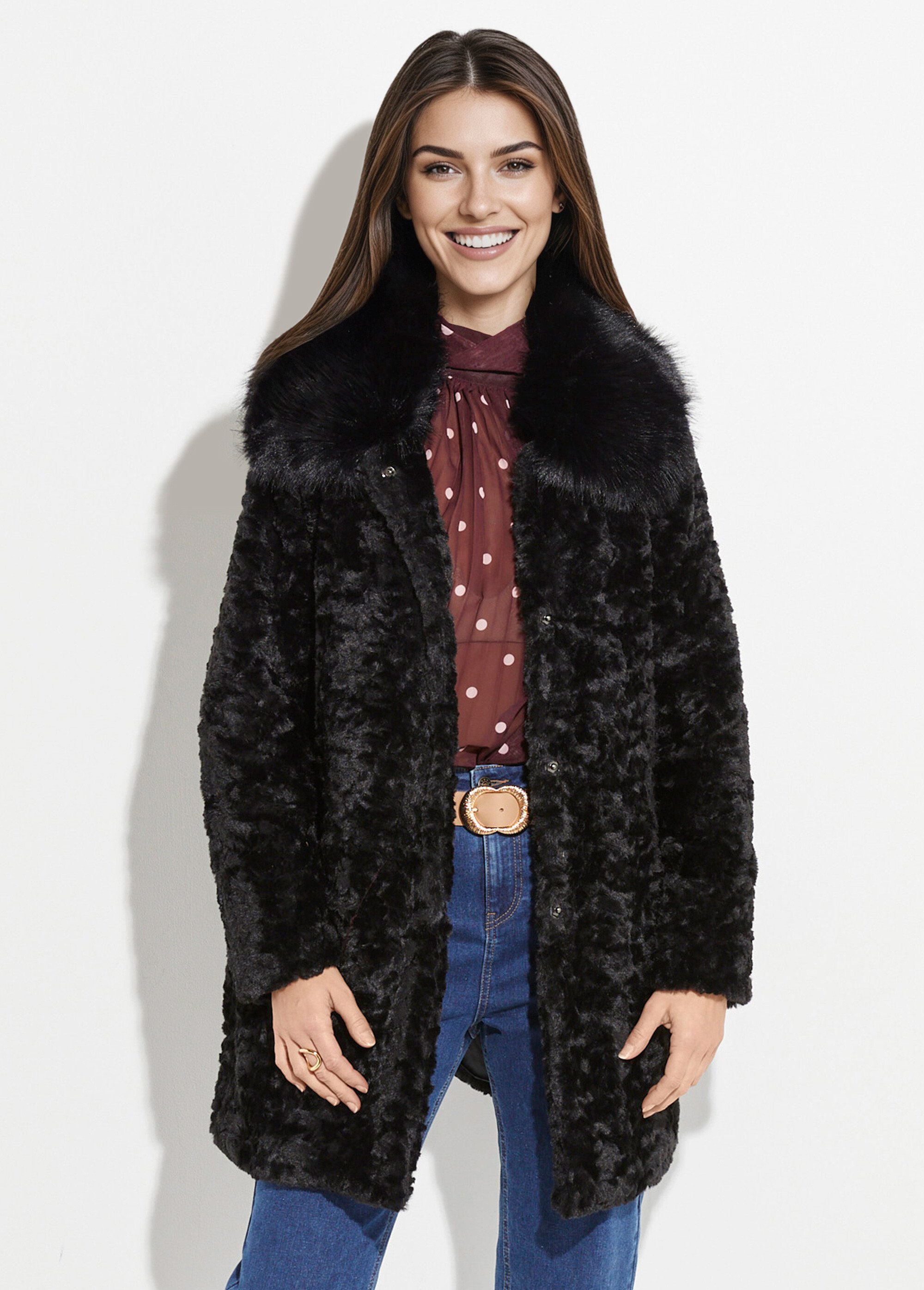 Manteau long chic en fausse fourrure Femme Noir LJ-23062 FA1