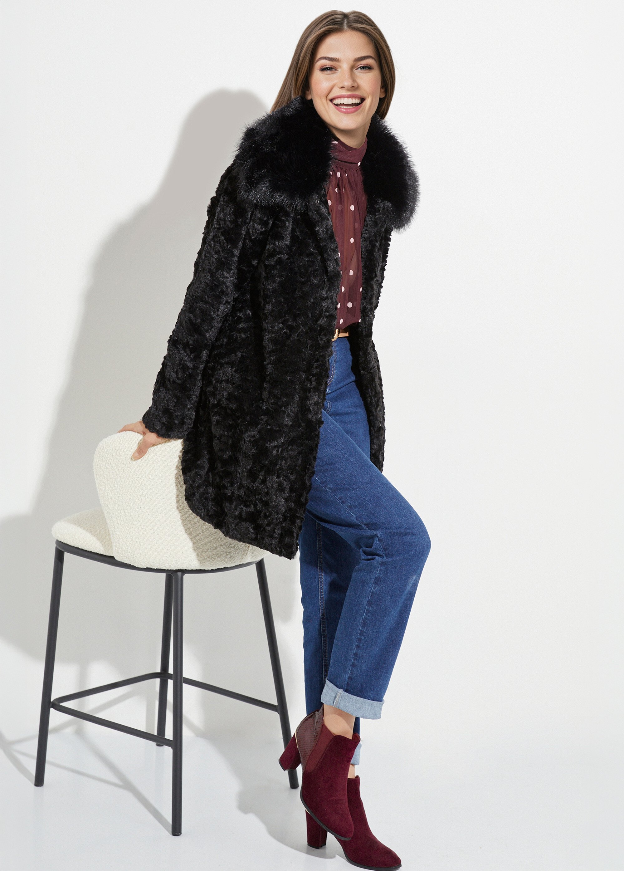 Manteau long chic en fausse fourrure Femme Noir LJ-23062 SI1