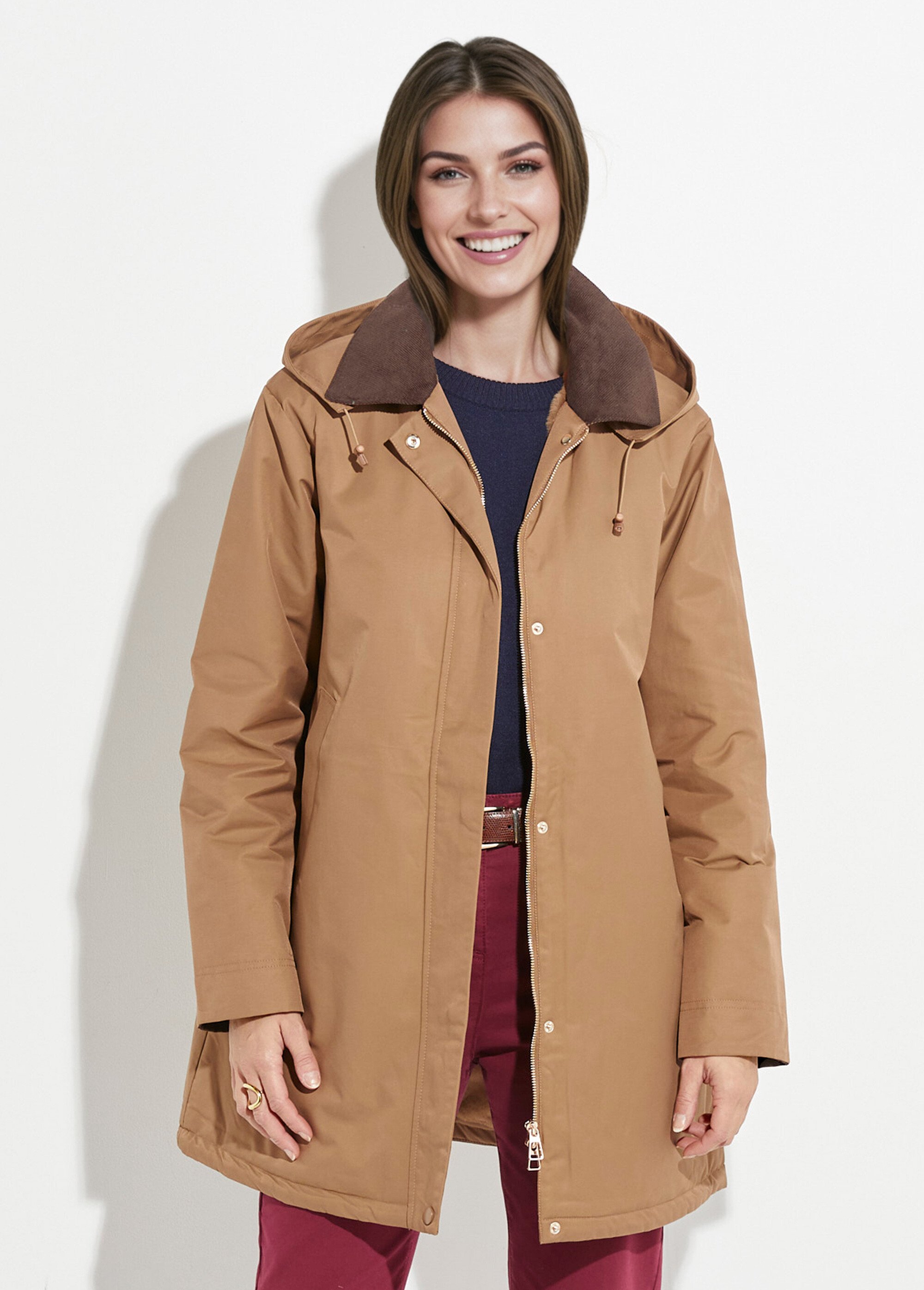 Parka déperlante longue avec col velours Femme Marron LJ-6083 FA1