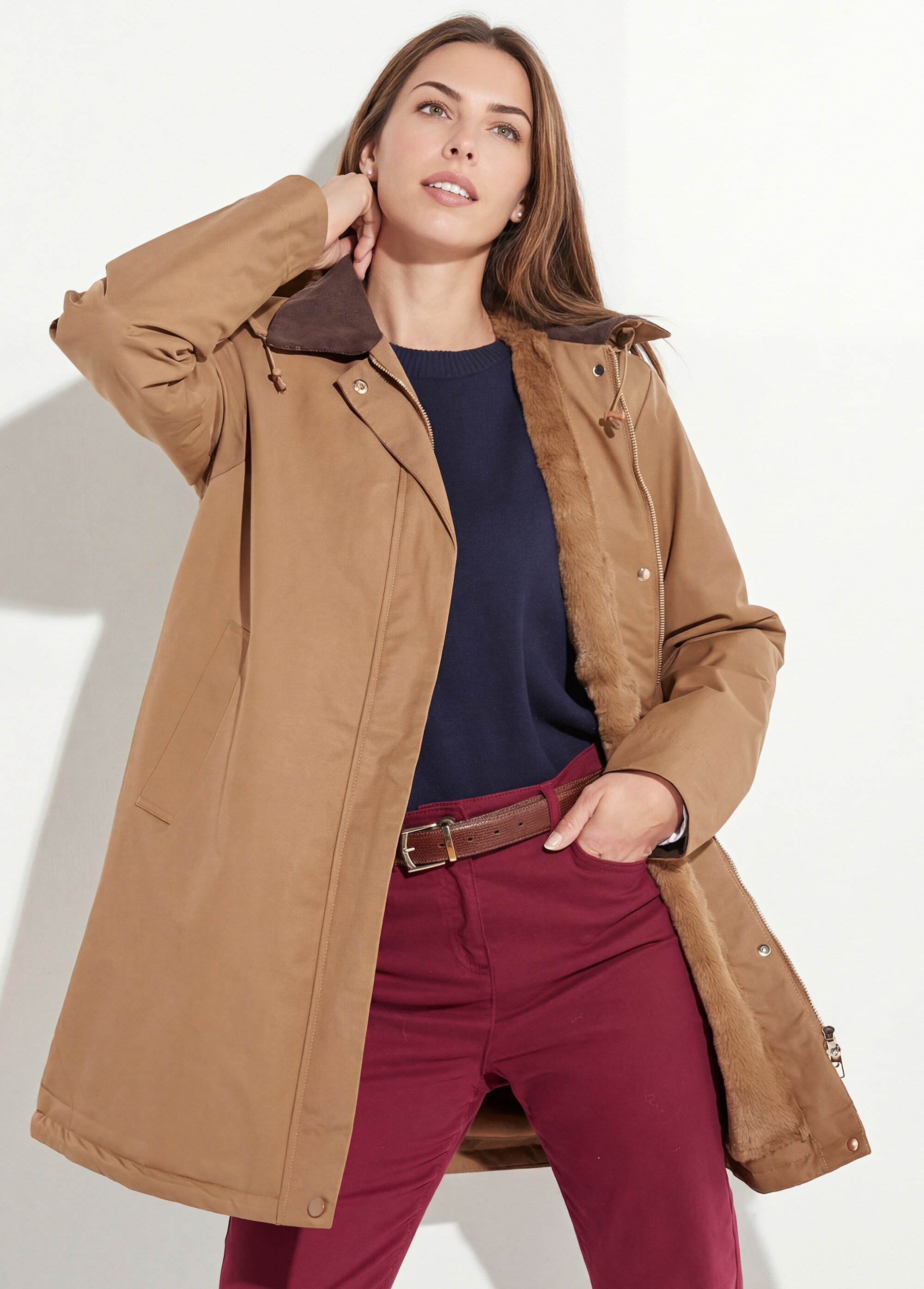 Parka déperlante longue avec col velours