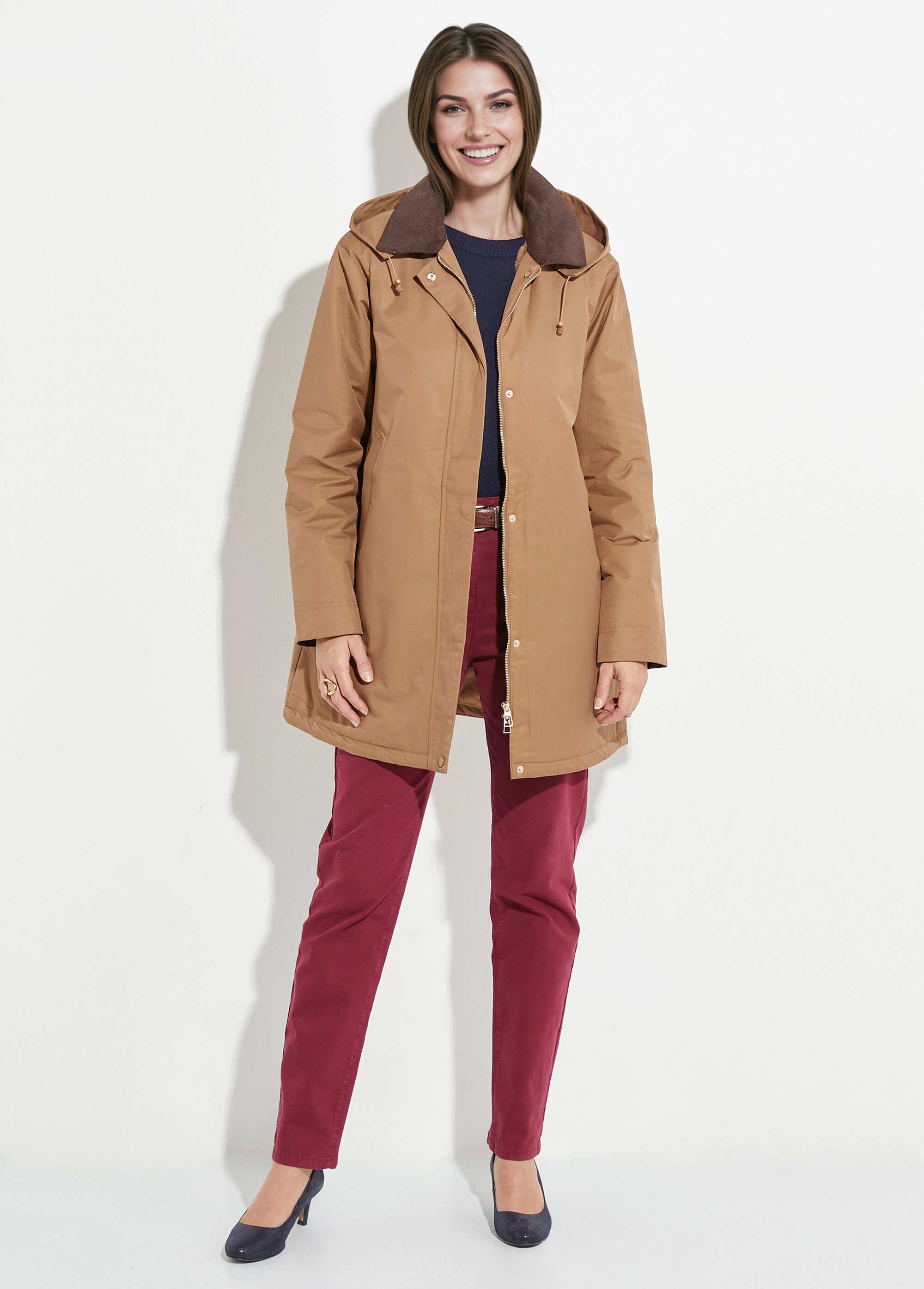 Parka déperlante longue avec col velours Femme Marron LJ-6083 SF1