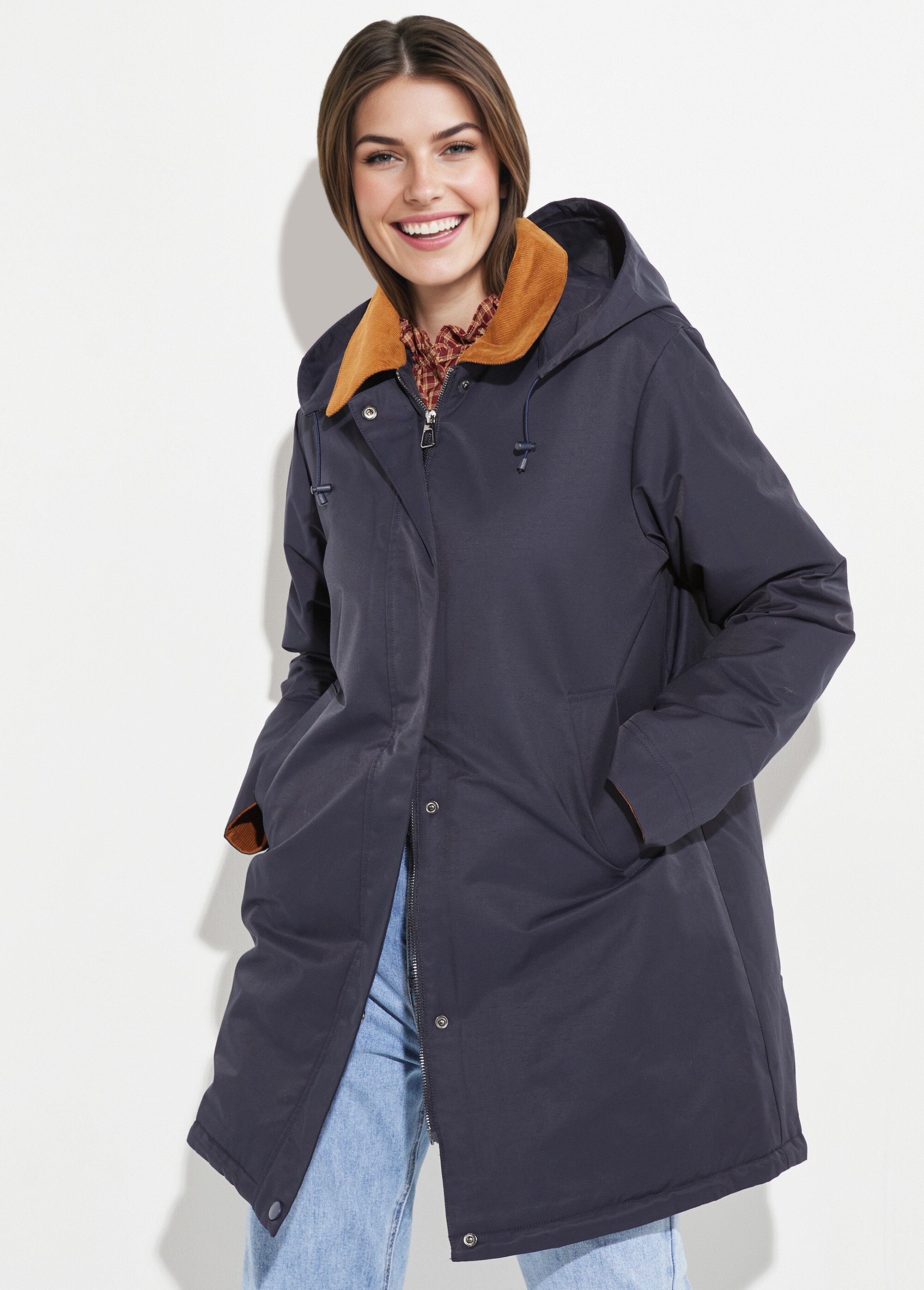 Parka déperlante longue avec col velours Femme Bleu LJ-6083 MV1