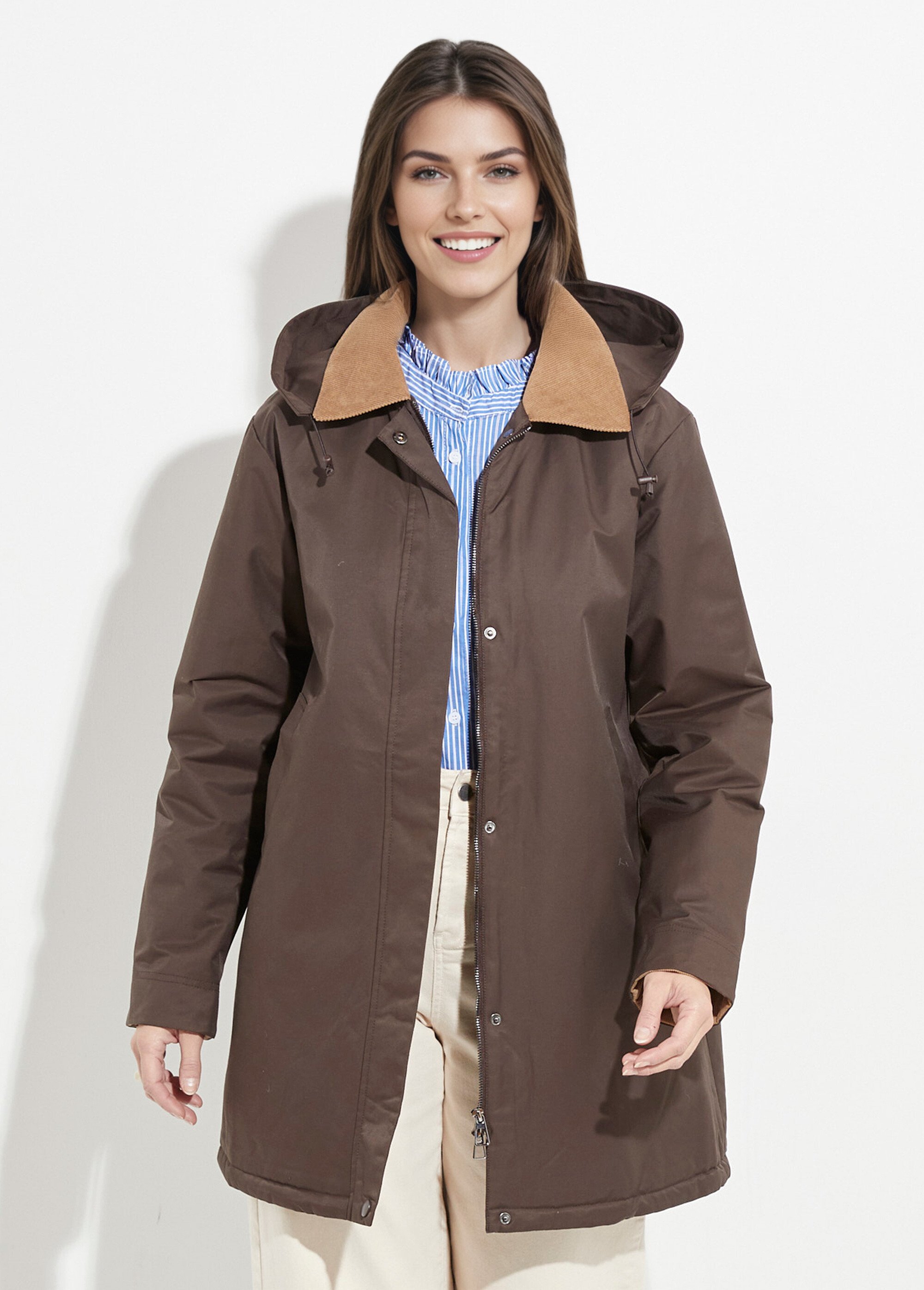 Parka déperlante longue avec col velours Femme Marron LJ-6083 FA1