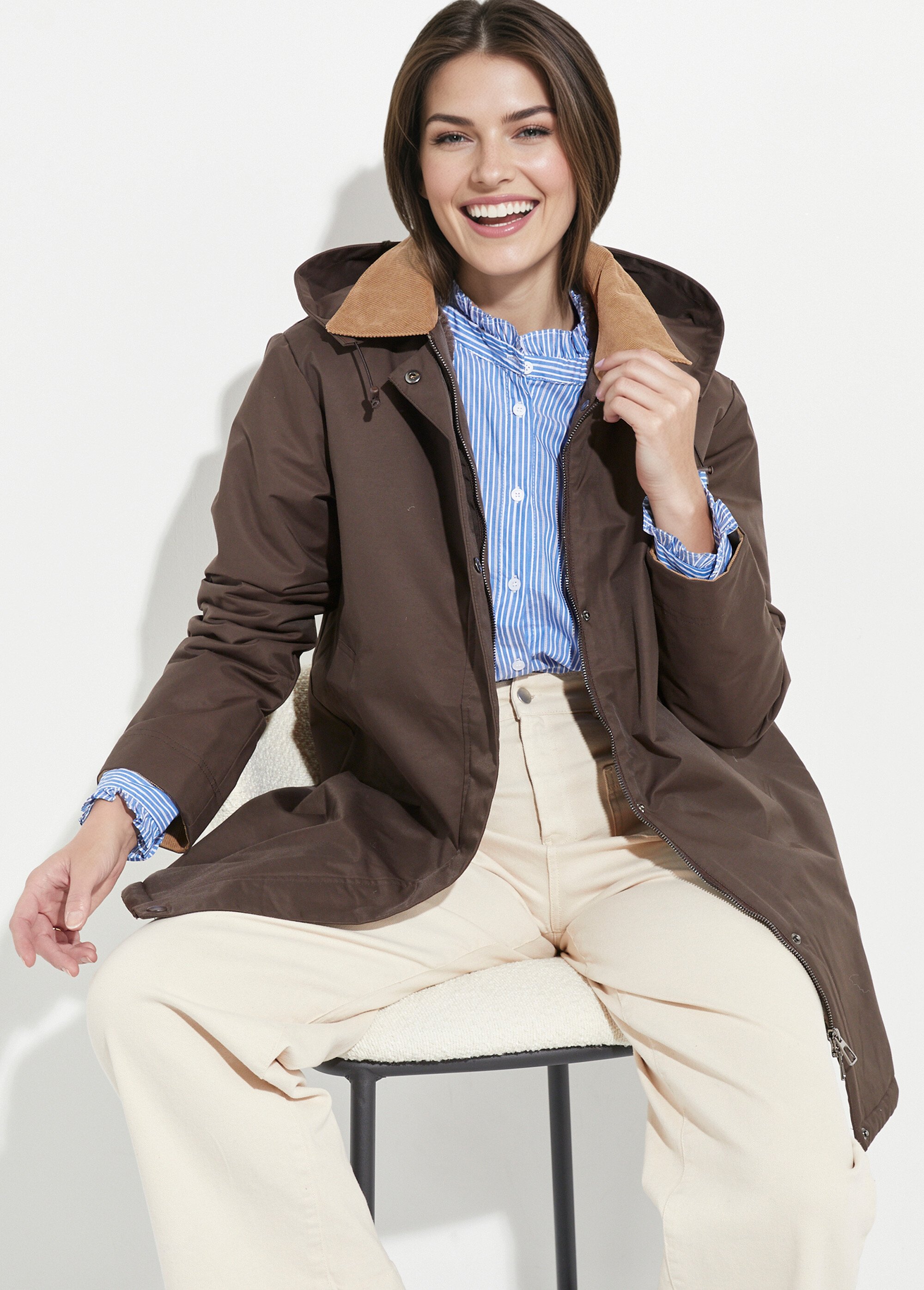 Parka déperlante longue avec col velours Femme Marron LJ-6083 MV1