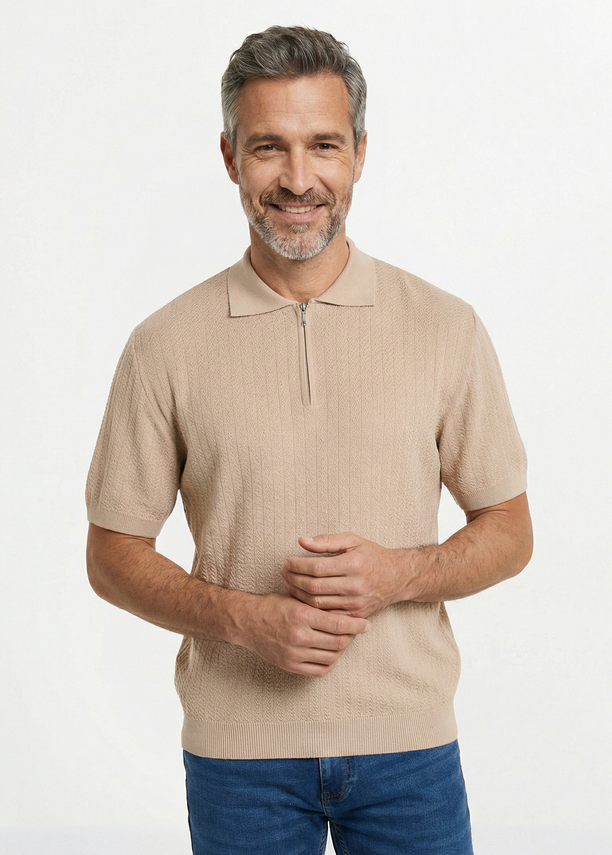 Polo zippé manches courtes maille fantaisie Homme Beige FEVRIER FA1