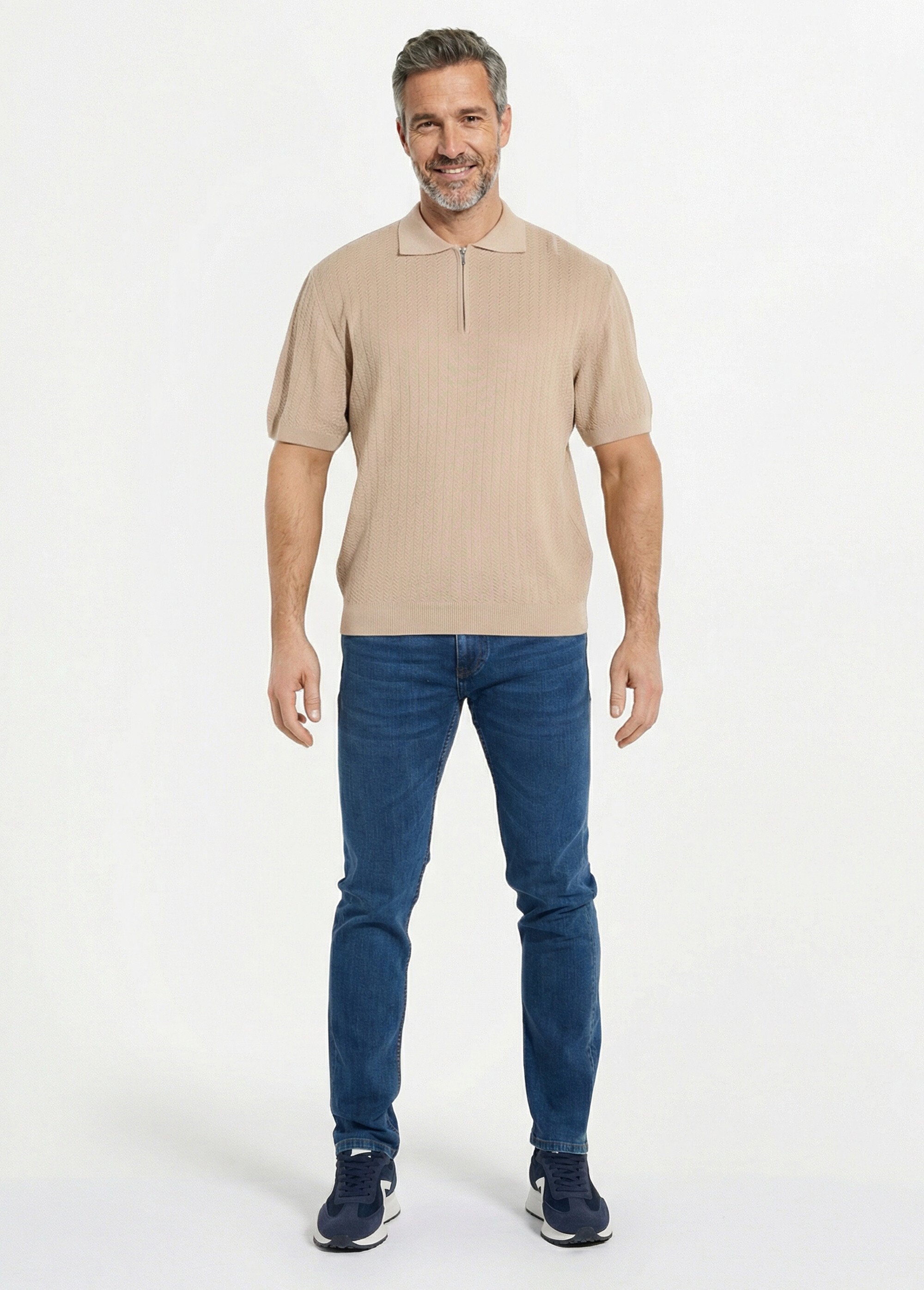 Polo zippé manches courtes maille fantaisie Homme Beige FEVRIER SF1