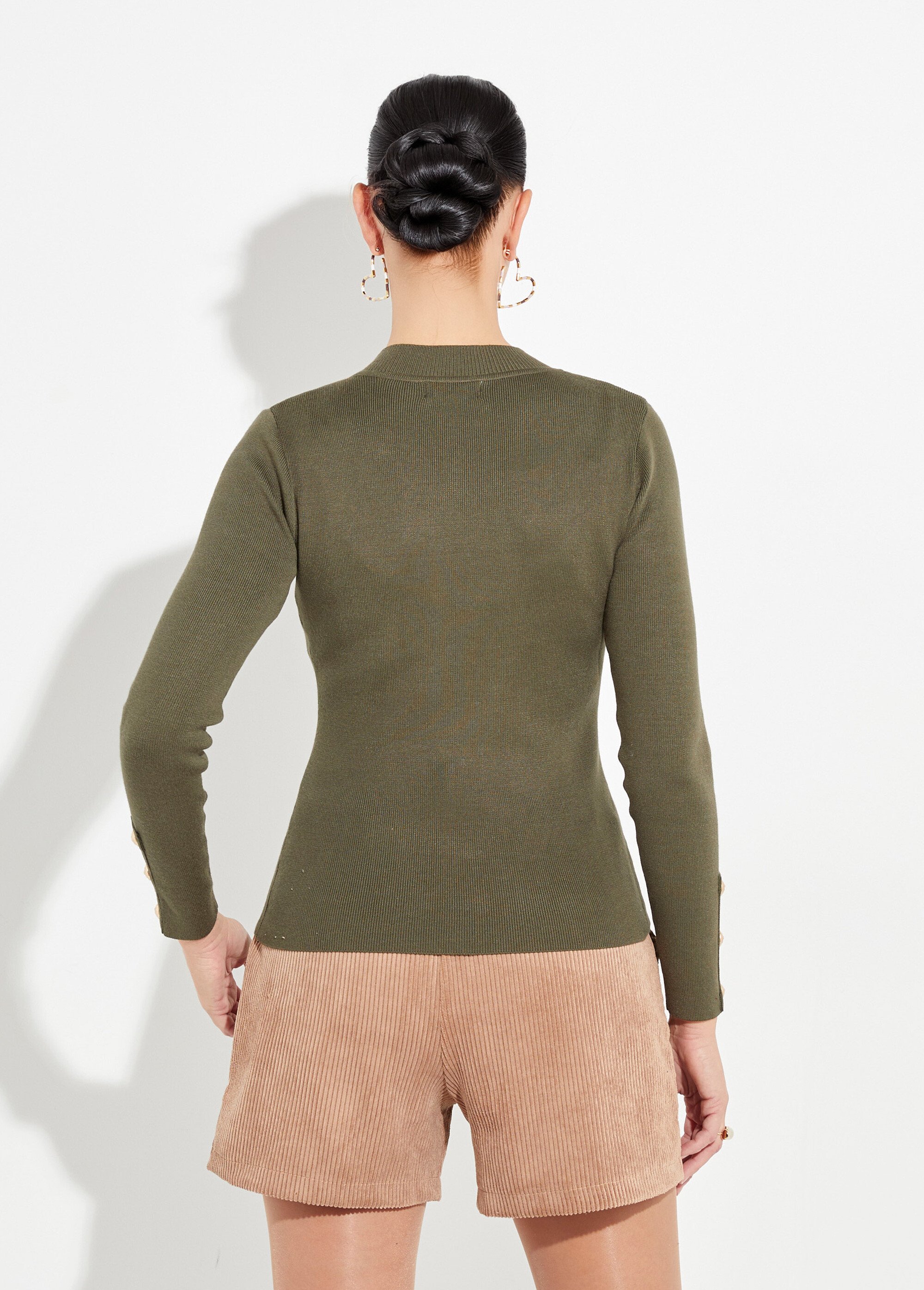 Pull jacquard col montant et boutons métal Femme Vert IA-H6005 DO1