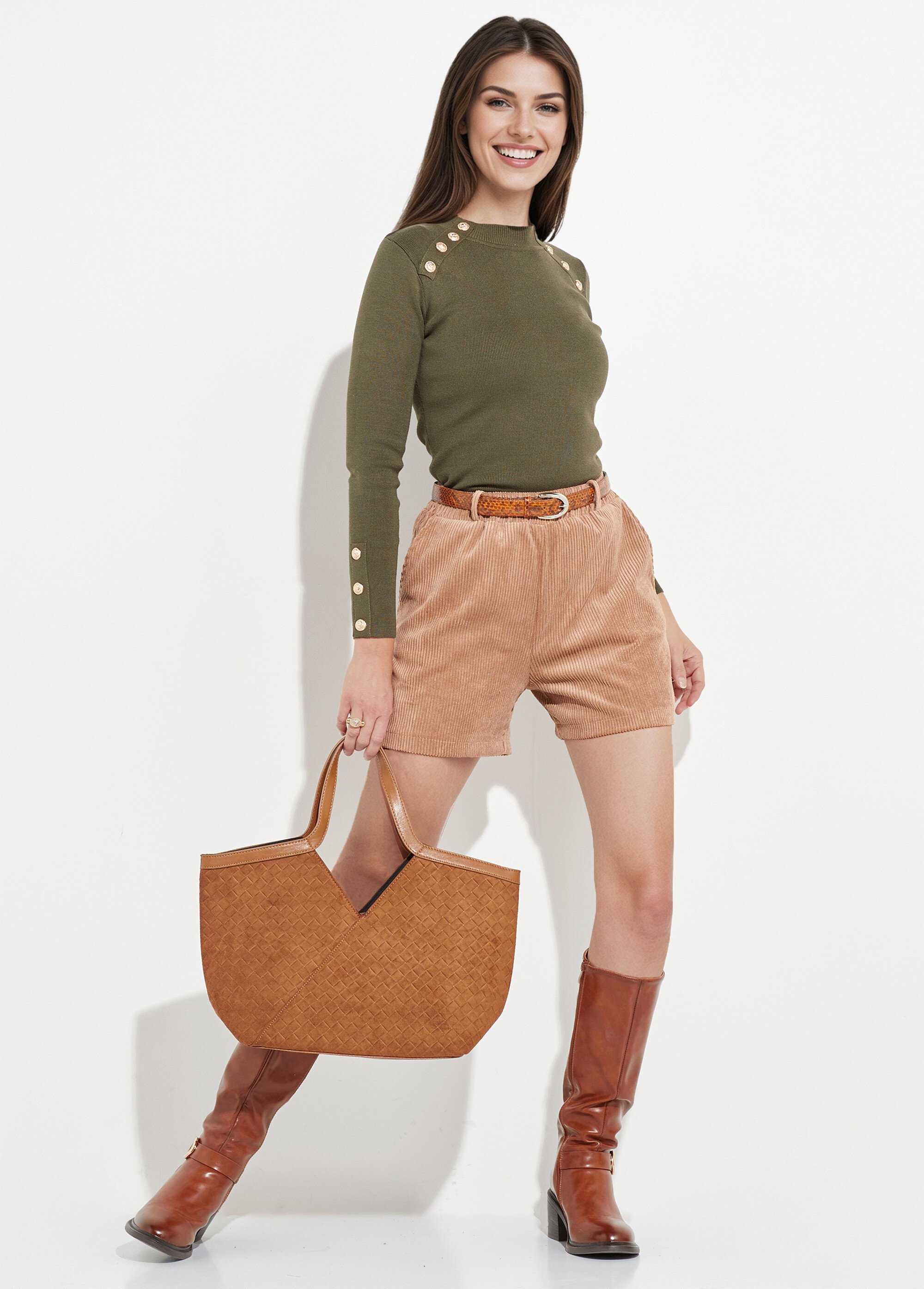 Pull jacquard col montant et boutons métal Femme Vert IA-H6005 SI1