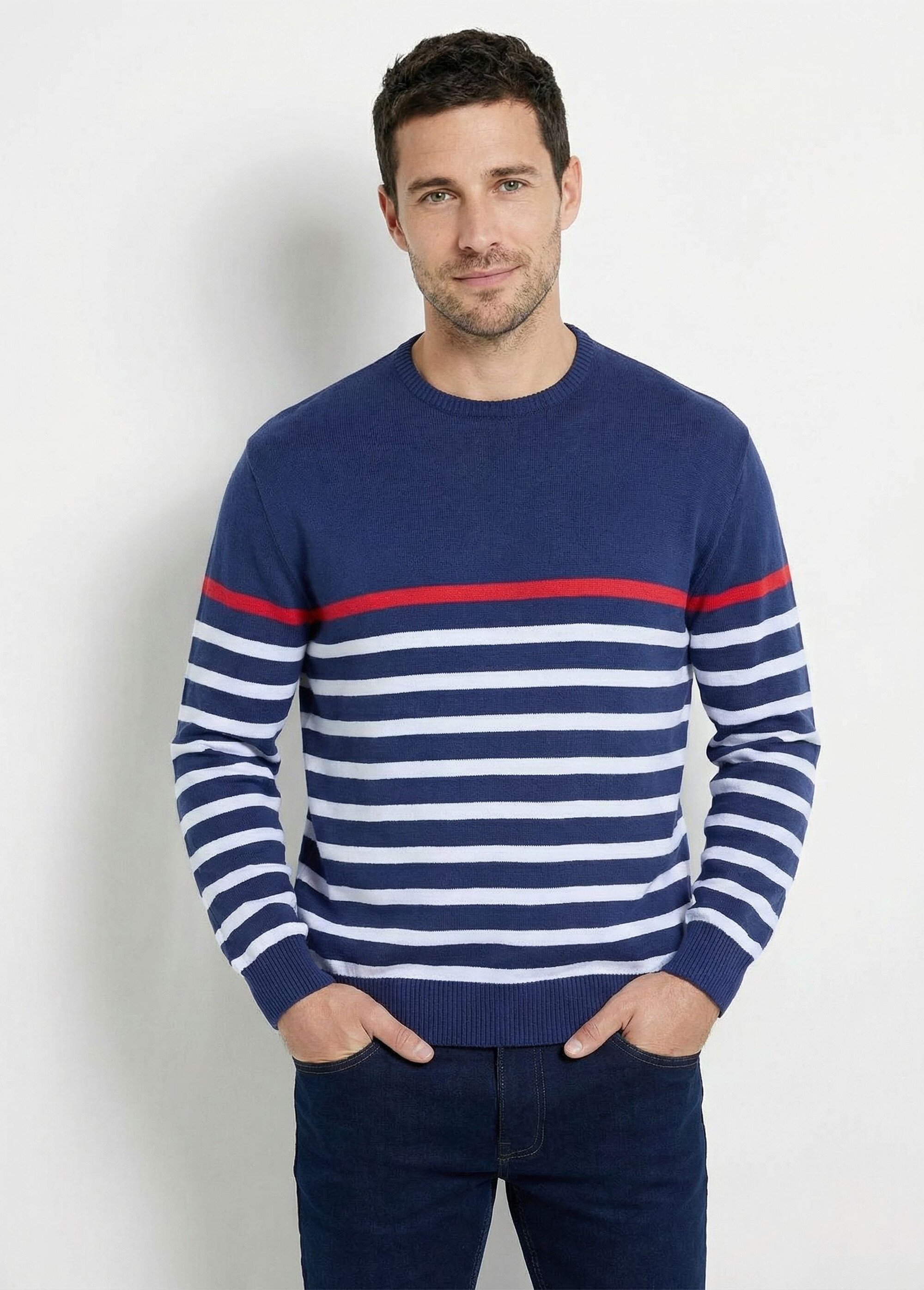 Pull rayé col rond jersey coton Homme Blanc FANFARE FA1