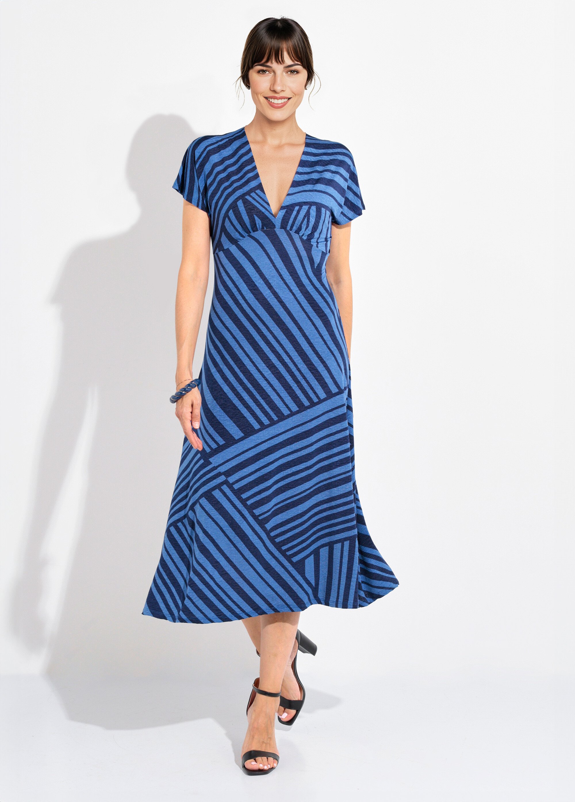 Robe longue manches col V rayures Femme Bleu FI-DANSYGRAF FA1