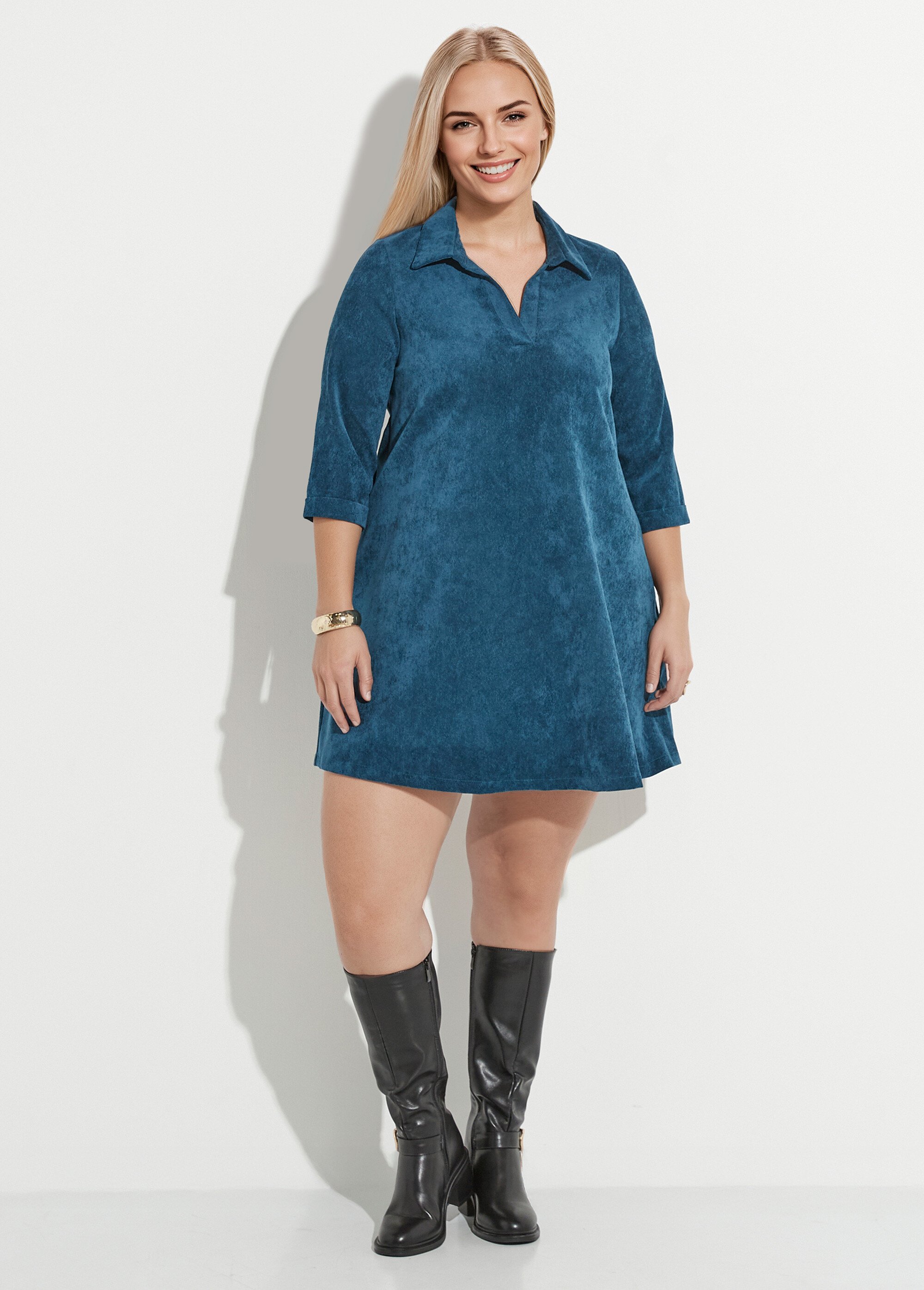 Robe trapèze col V et velours milleraies Femme Grande Taille Vert FI-ROLOUIVEL FA1