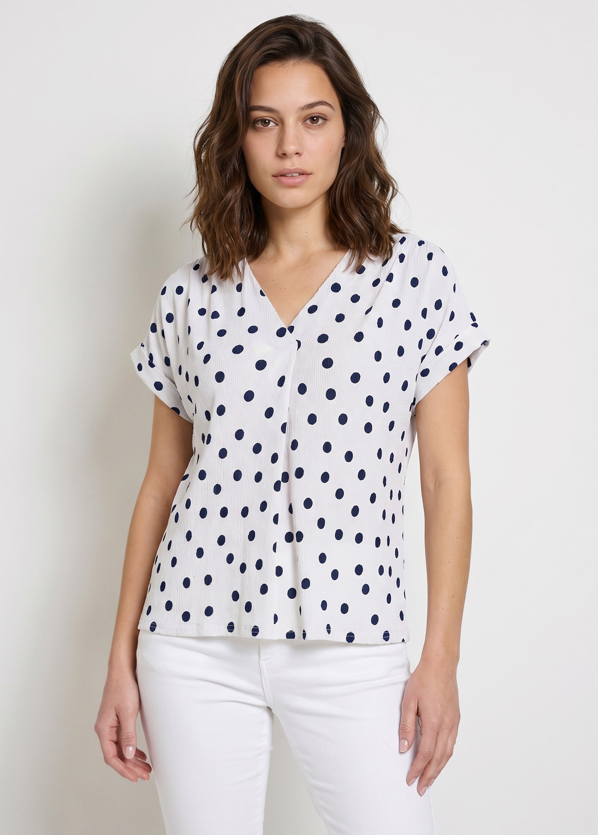 T-shirt ample imprimé pois col V Femme Blanc CEDIA FA1