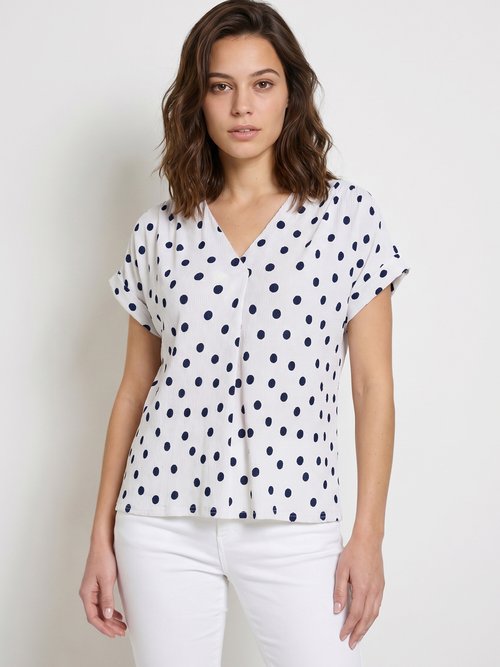 T-shirt ample imprimé pois col V Femme Blanc CEDIA FA1